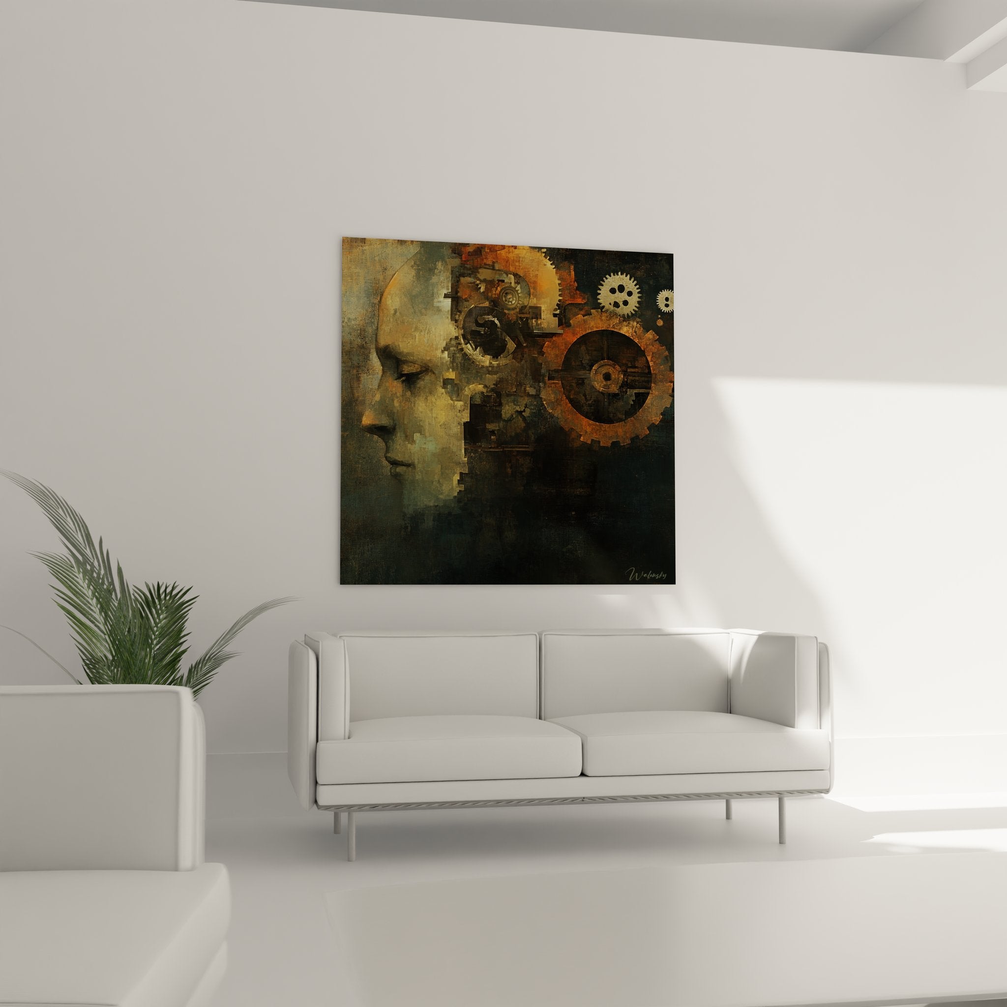 Gros plan détails engrenages mécaniques tableau art industriel cybernétique cuivré