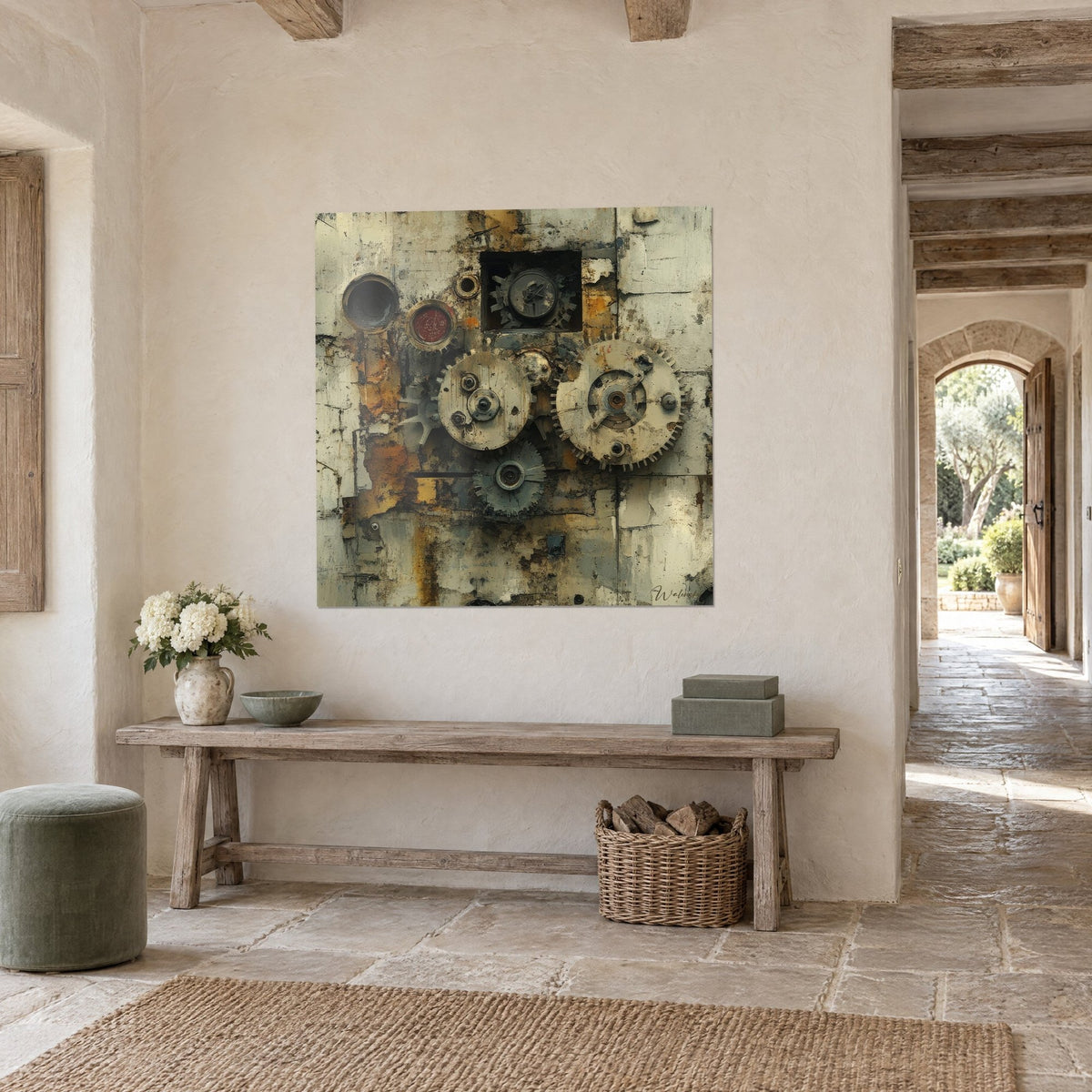 Quadro con ingranaggi arrugginiti su parete scrostata in ocra arancio e crema, vista di tre quarti, consolle in pietra e arco