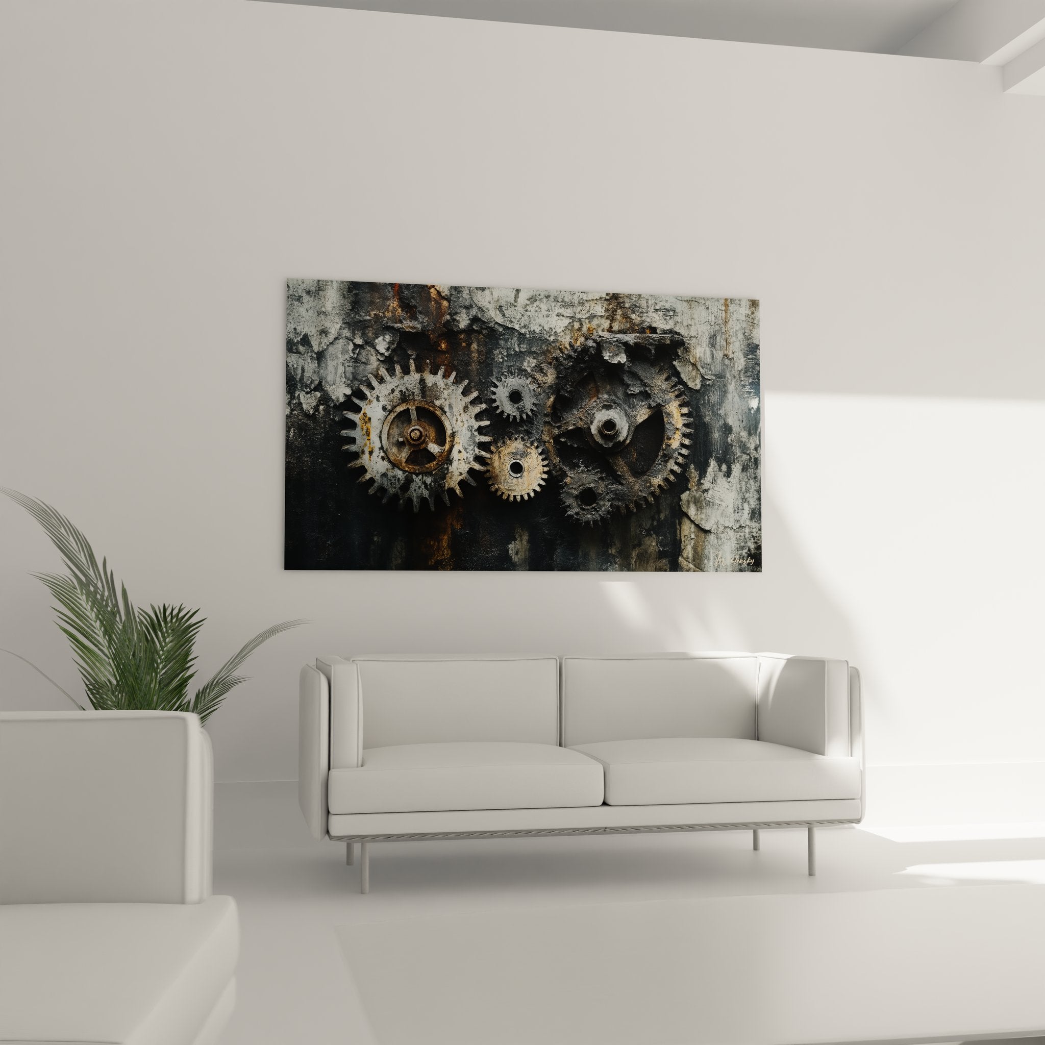 Gros plan détaillé des engrenages métalliques patinés aux textures authentiques rouillées