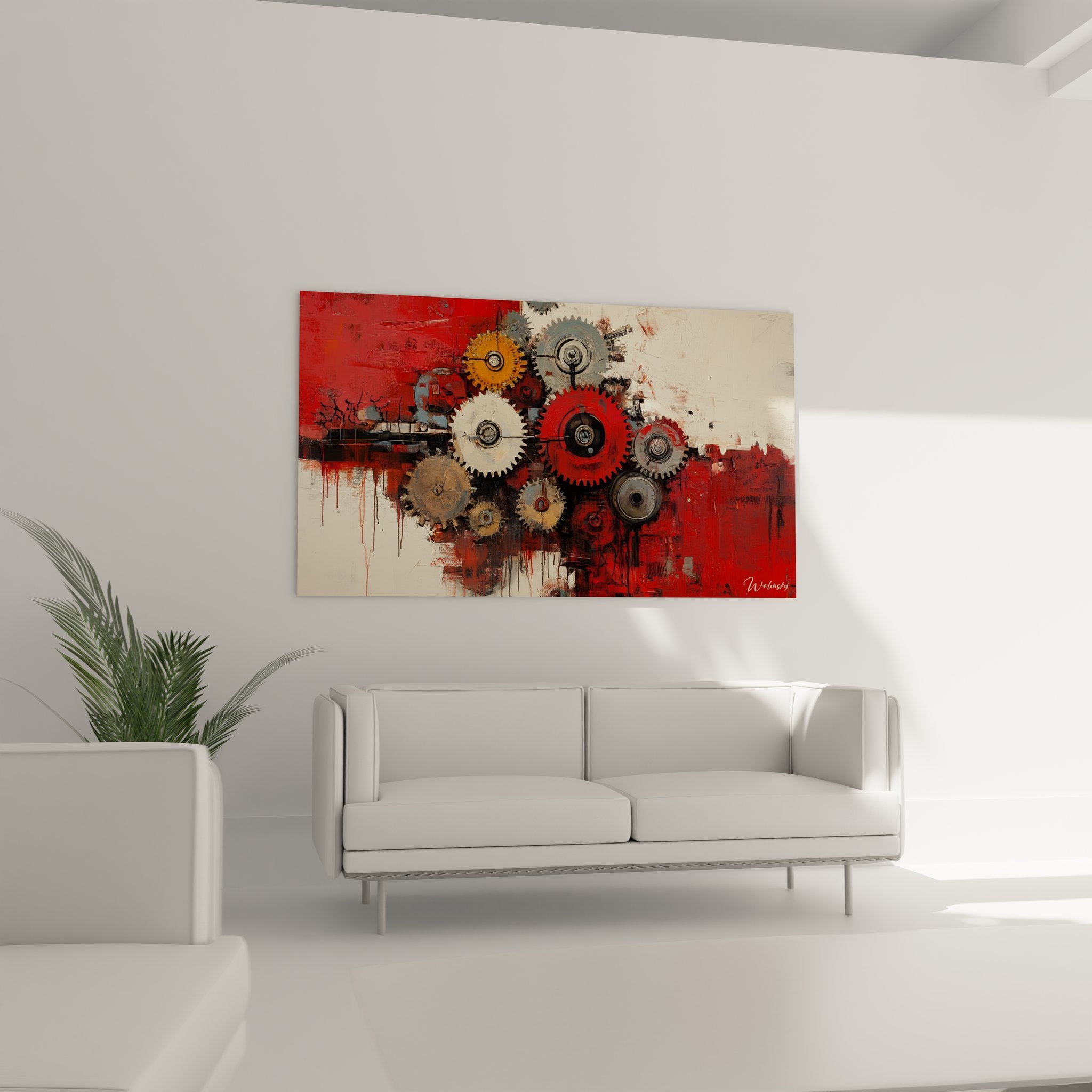 Gros plan détaillé des engrenages peints et rouages colorés du tableau industriel