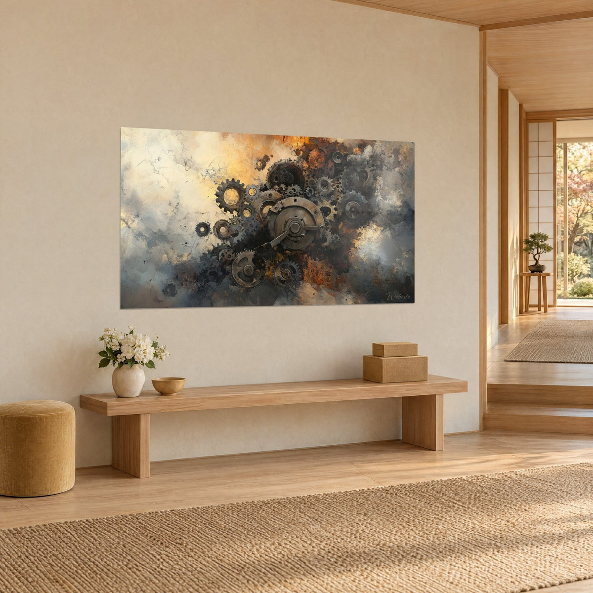 Quadro meccanismo d'orologeria corroso con ruote dentate ocra e grigio acciaio, panca in legno chiaro, vista di tre quarti