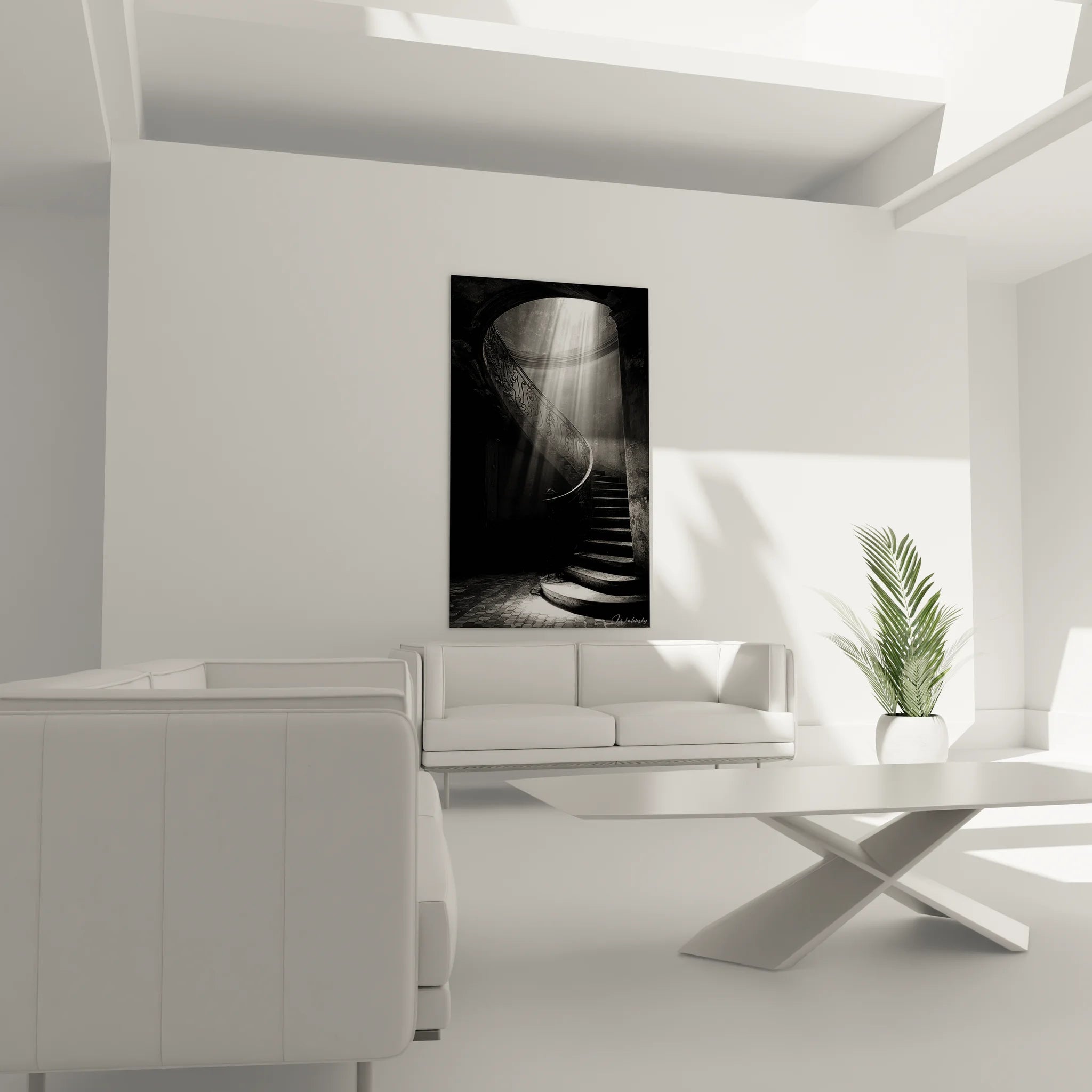 Gros plan tableau escalier baroque montrant détails ornementaux et contrastes noir et blanc artistiques