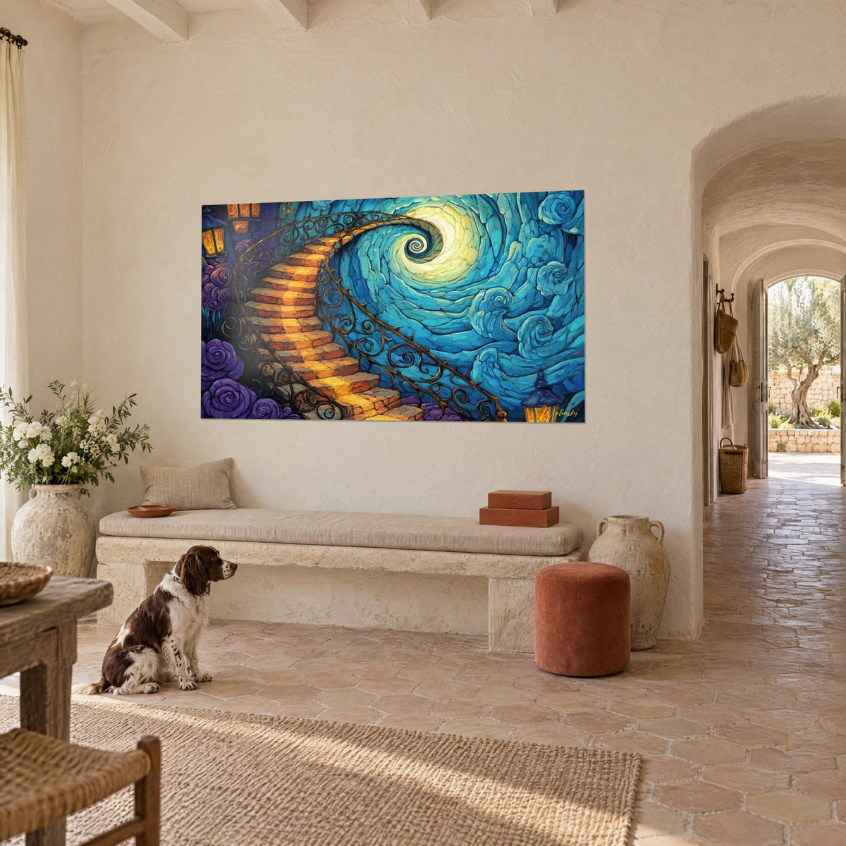 Tableau spirale cosmique turquoise et dorée, marches orangées éclairées par des lanternes, face à un spaniel, mas provençal