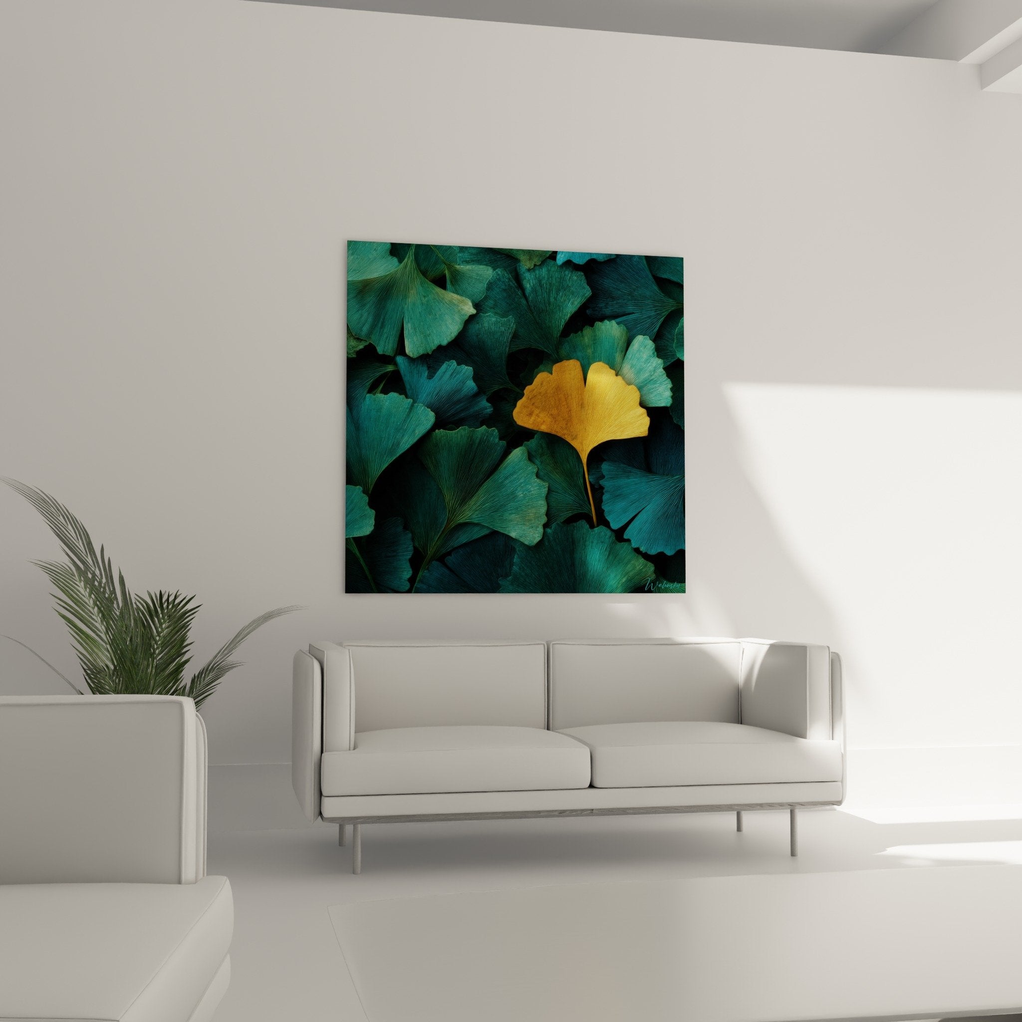 Gros plan feuille ginkgo doree nervures detaillees sur fond feuillage turquoise art botanique