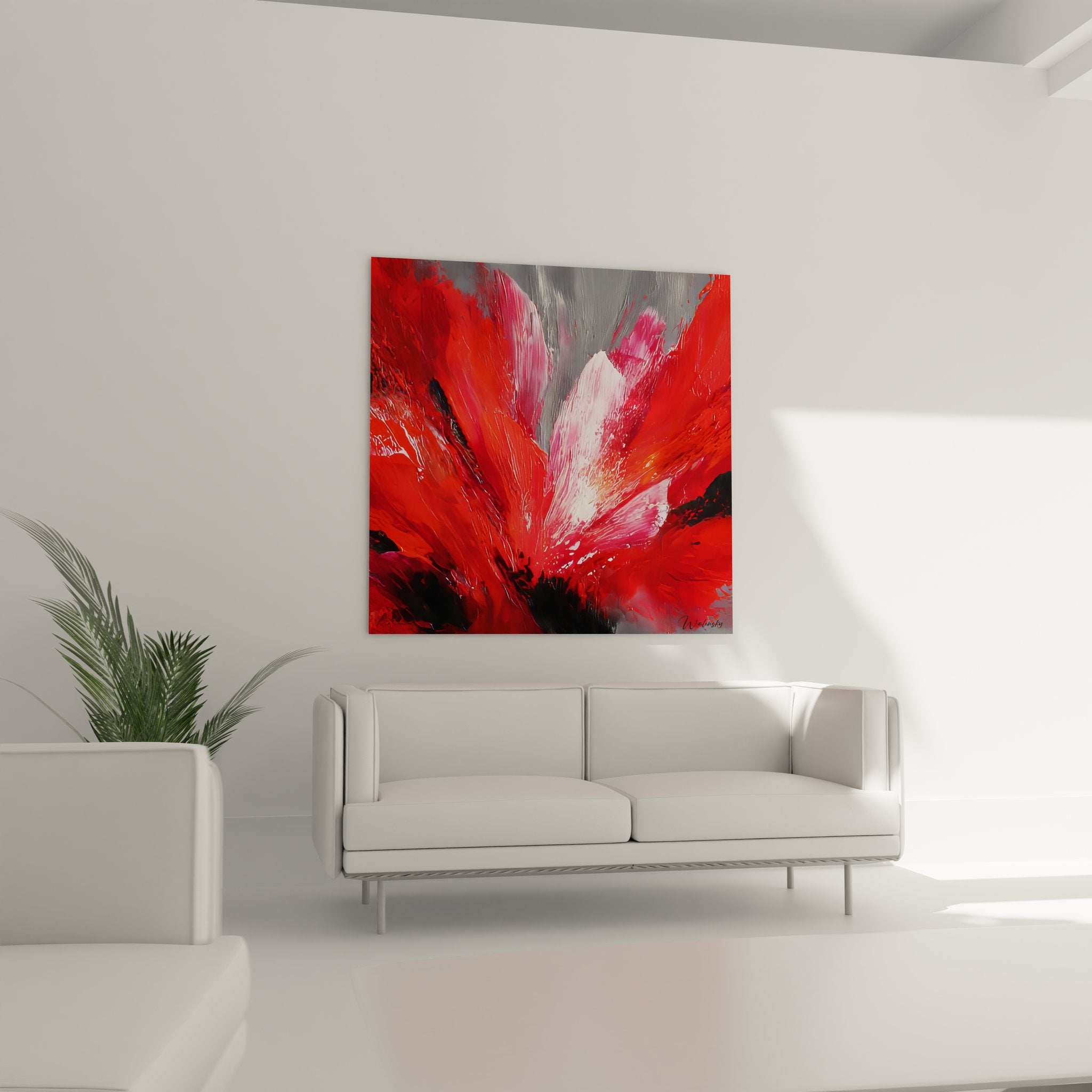 Gros plan texture peinture expressionniste fleur rouge coups pinceau détails