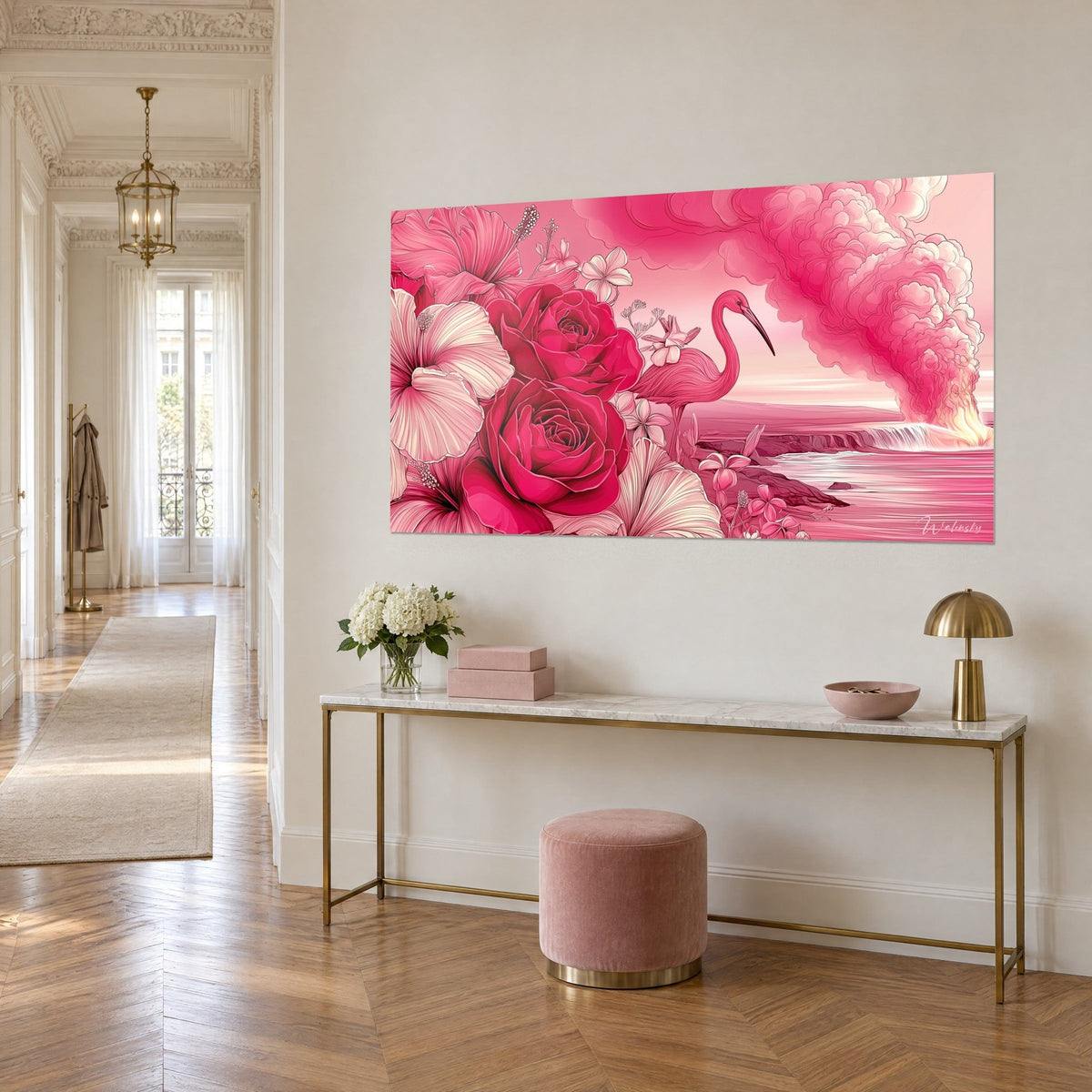 Gemälde mit rosa Stelzvogel vor einer magentafarbenen Rauchwolke, himbeerfarbene Rosen und elfenbeinweiße Blüten, auf einer goldenen Konsole