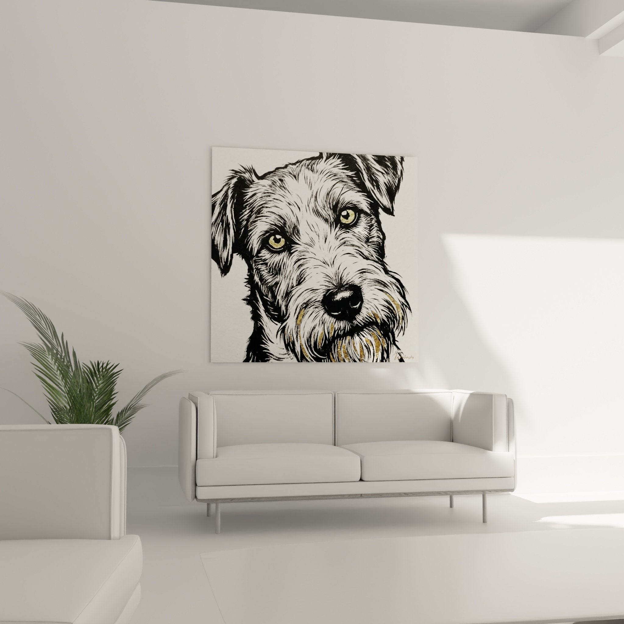 Gros plan tableau Fox Terrier yeux dores pelage noir blanc technique gravure traits expressifs