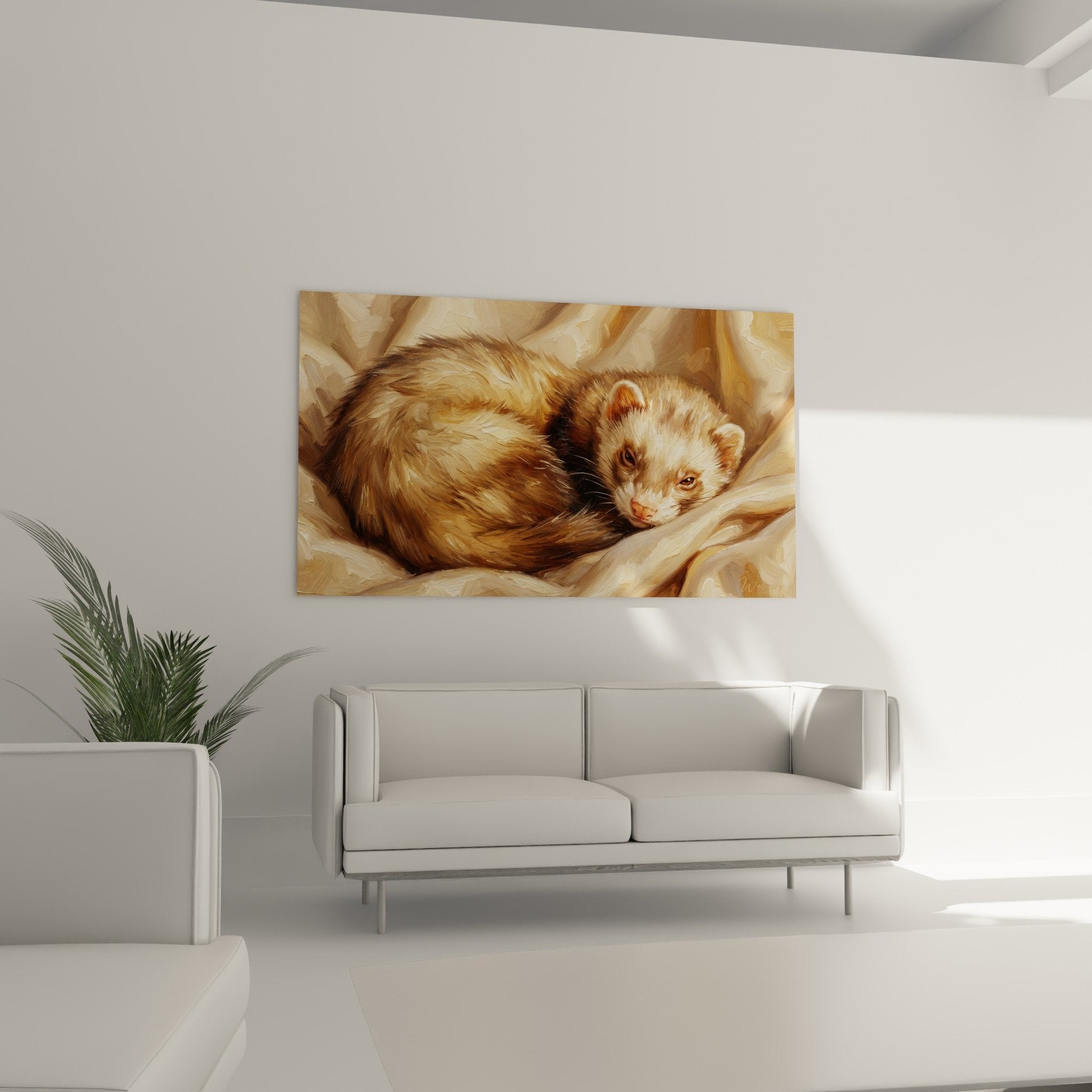 Nahaufnahme schlafendes Frettchen goldenes okrfarbenes Fell künstlerische Details realistische Textur Frettchen Edition