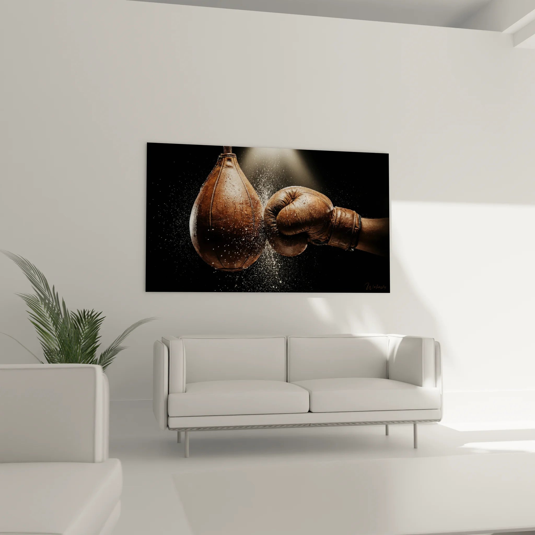 Gros plan sur gant de boxe vintage frappant punching ball en cuir avec projections d'eau