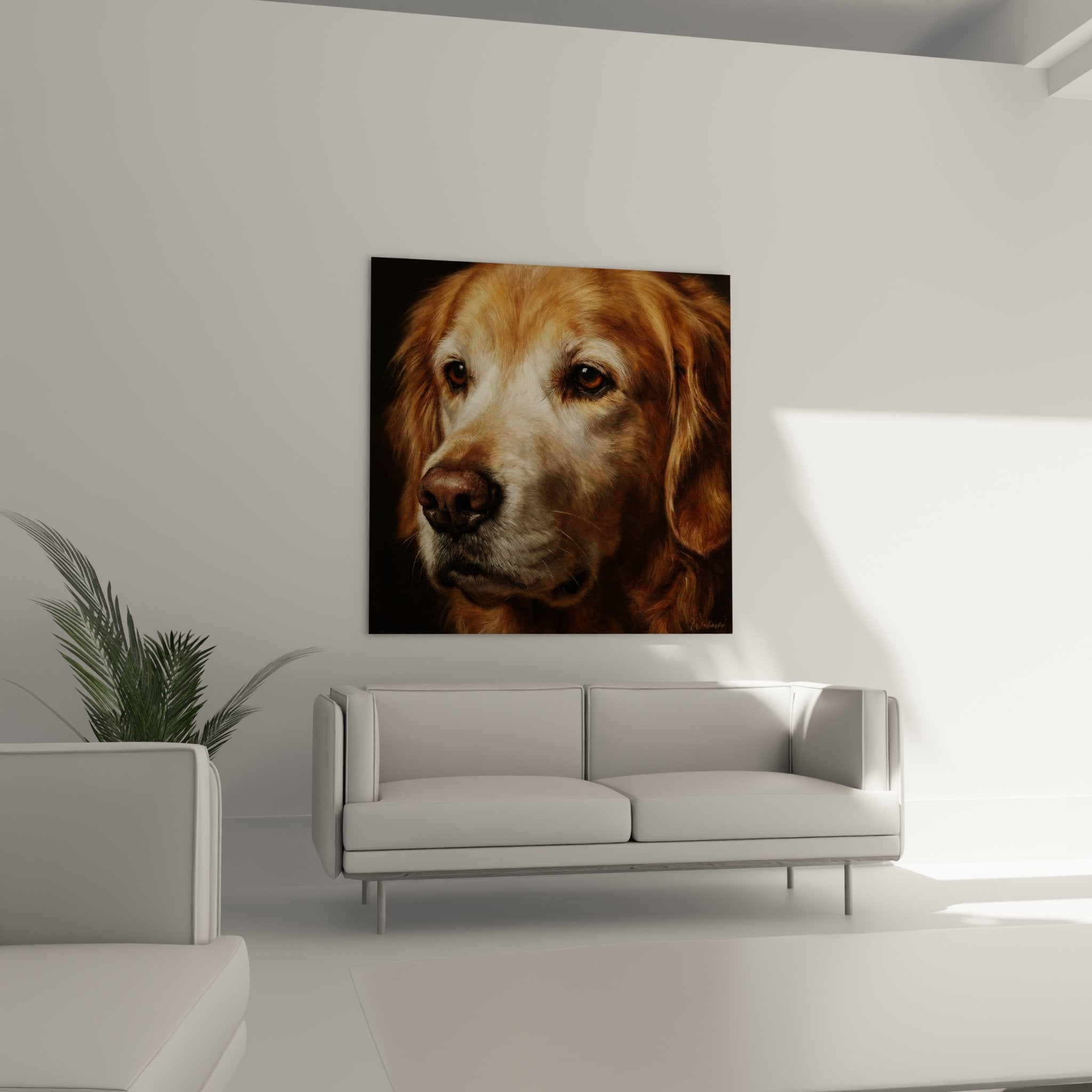 Gros plan sur les yeux ambrés expressifs du Golden Retriever, détails du pelage miel et caramel, rendu pictural