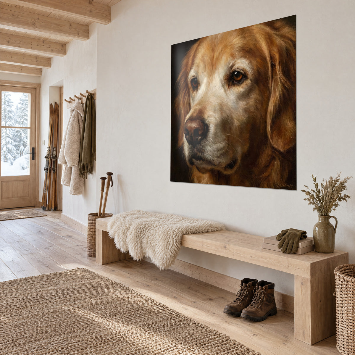 Schilderij hond met amberkleurige ogen en goudkleurige vacht, diep zwarte achtergrond, driekwart zicht in een hal van licht hout