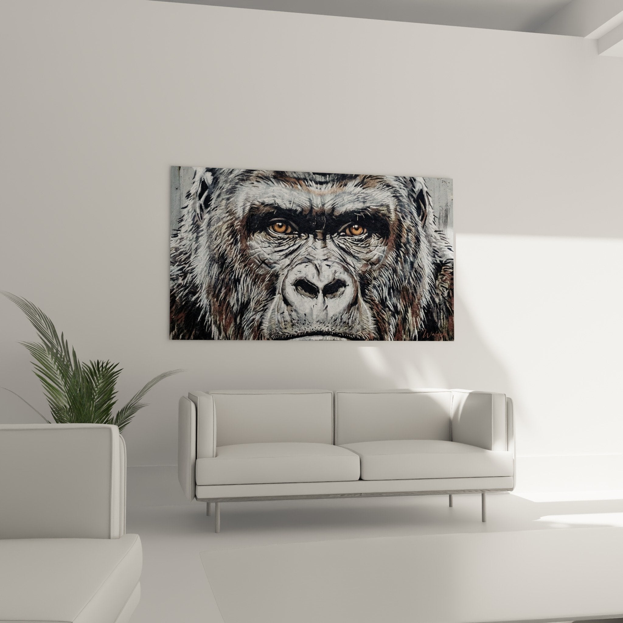 Gros plan portrait gorille yeux dores expression realiste art pochoir contemporain