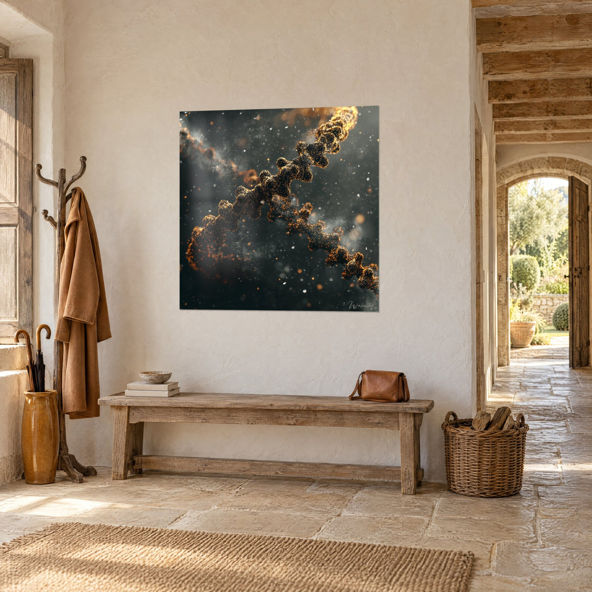 Tableau brin génétique spiralé, particules ocre et cuivre dans un nuage gris, mur de pierre d'une maison de campagne
