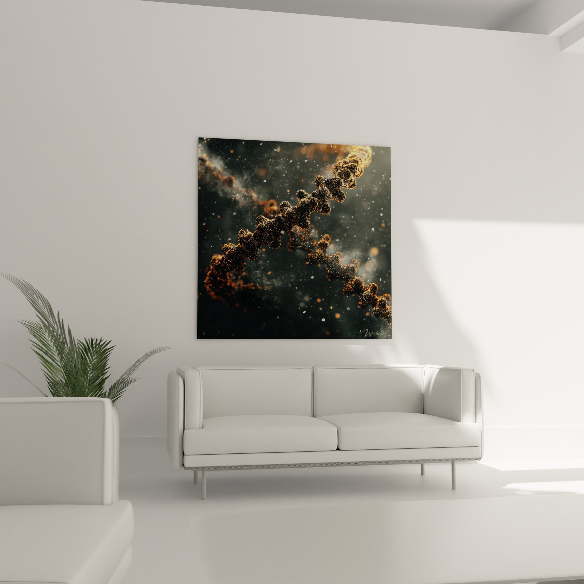 Gros plan hélice ADN dorée - détails particules scintillantes structure moléculaire artistique premium