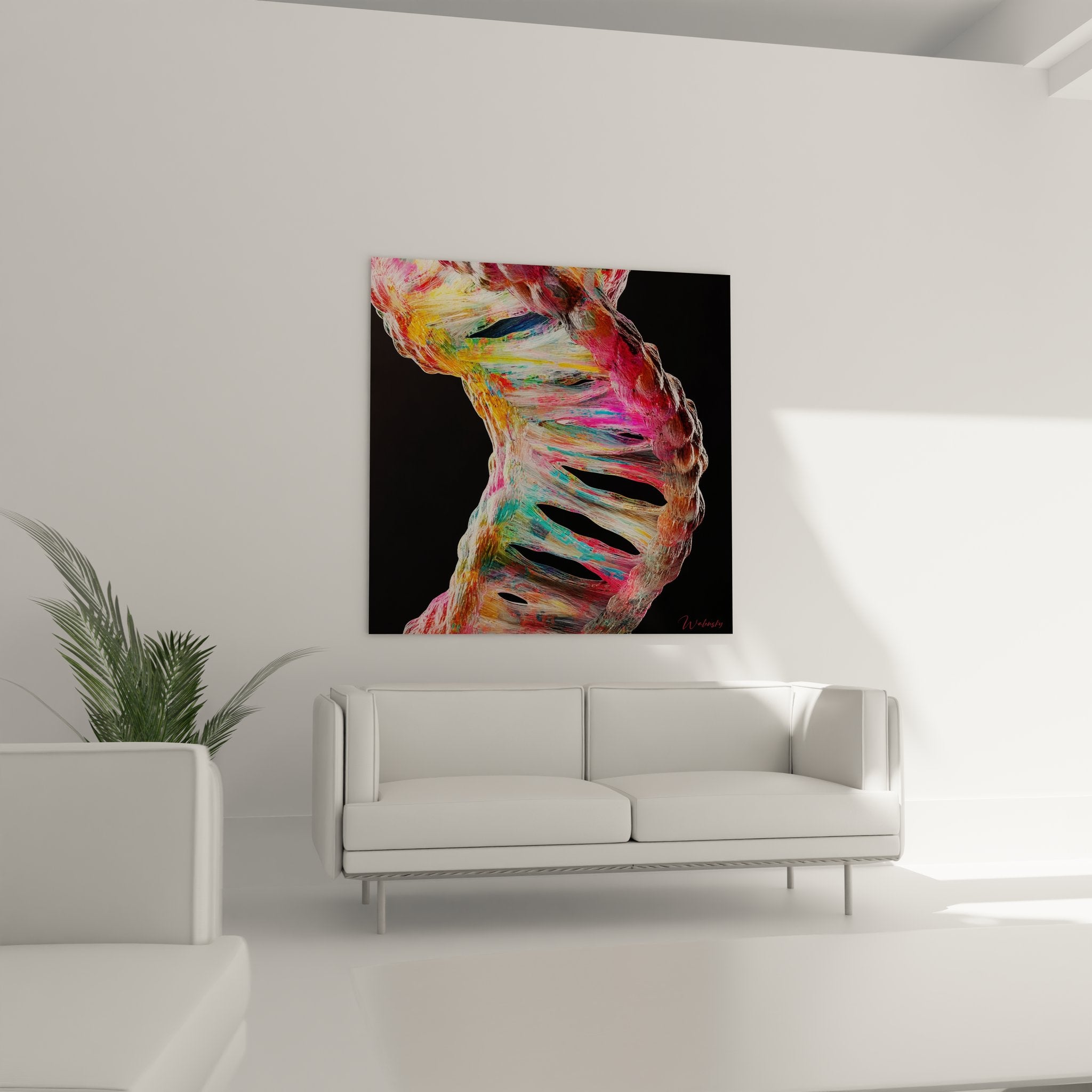 Gros plan détaillé hélice ADN abstraite - structure génétique aux couleurs vives rose orange