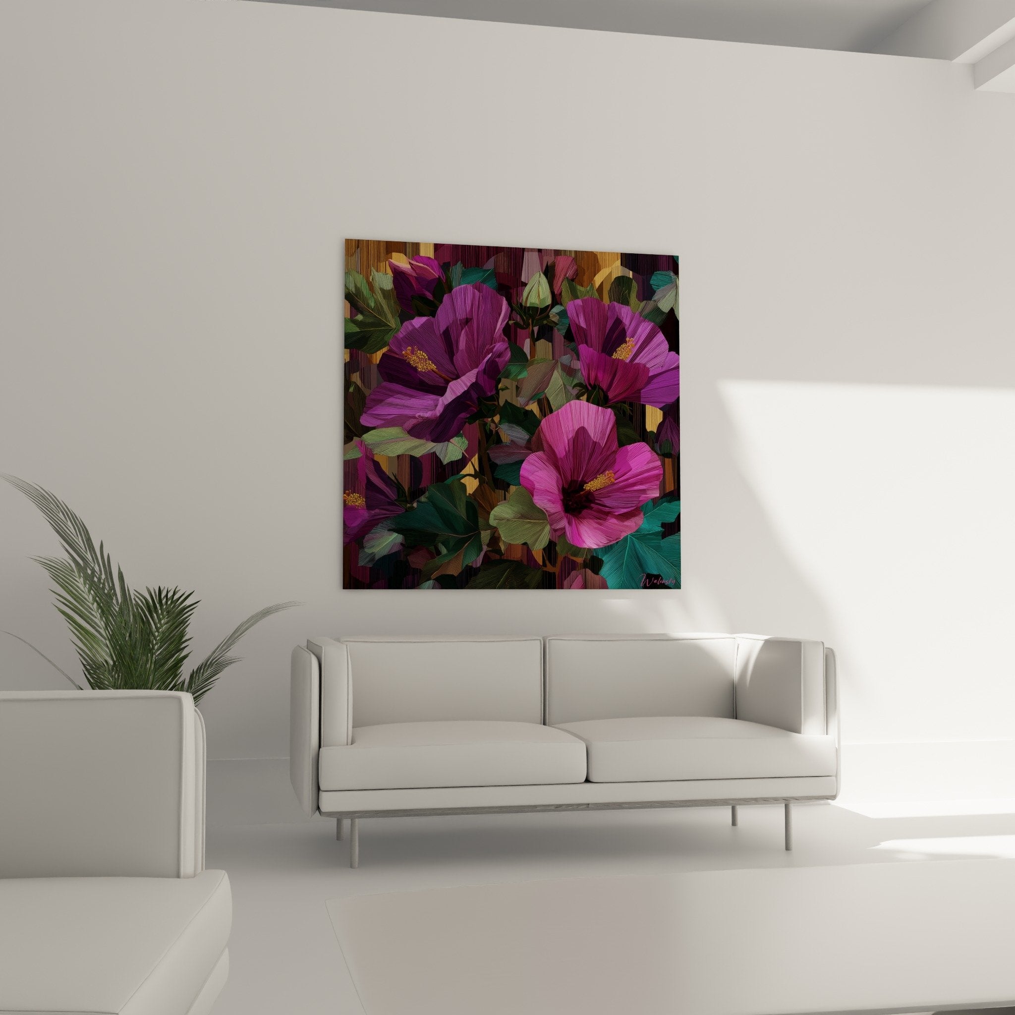 Close-up purple pink hibiscus golden stamens green foliage feng shui southeast wood wall art