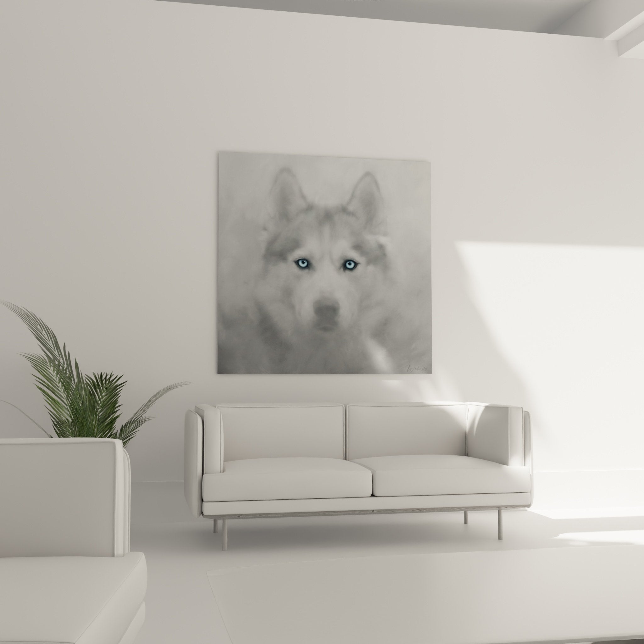 Close-up portrait siberian husky intense gaze icy blue eyes wall art