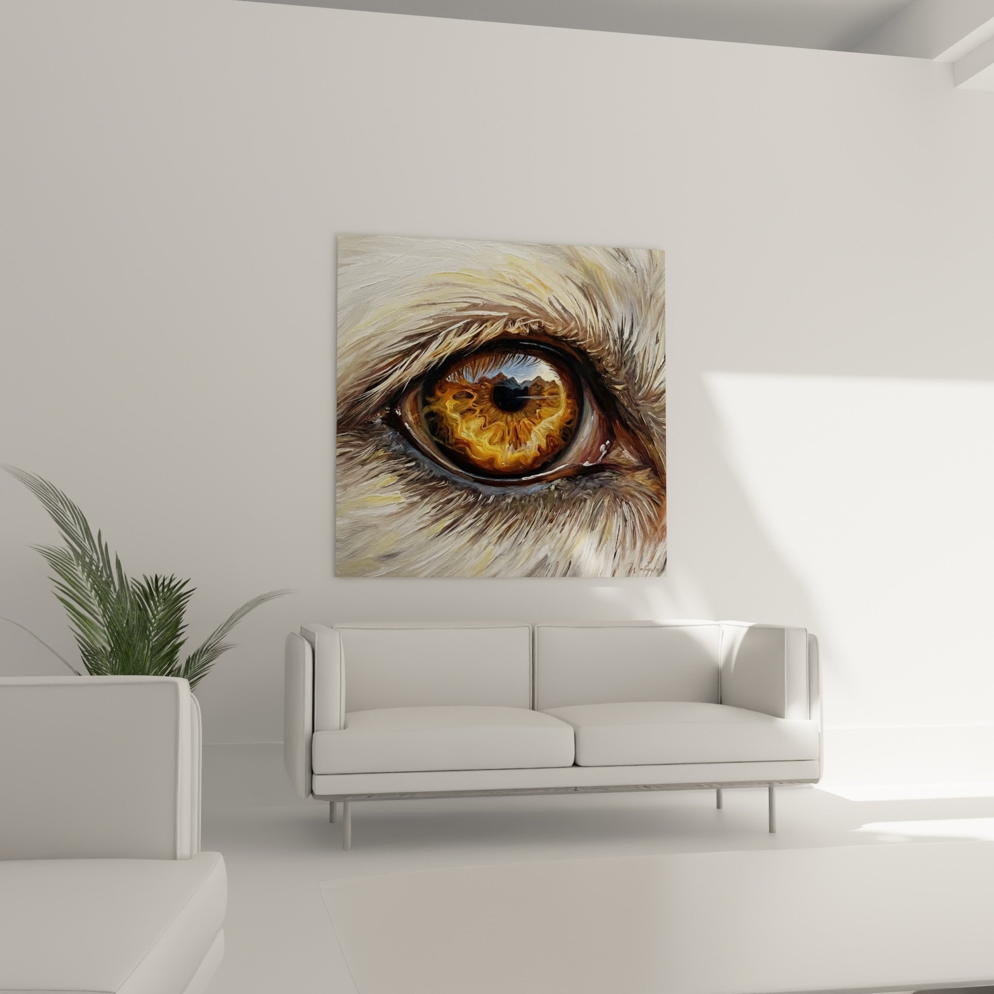 Nahaufnahme goldener und kupferfarbener Iris mit realistischen Federdetails, Gemälde Pyrenäenberg
