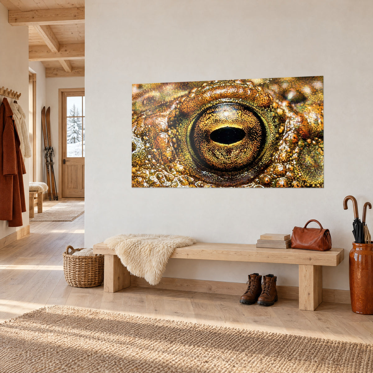 Wall art hypnotic amphibian gaze, amber iris flecked with gold on orange skin, hung above a light wood bench