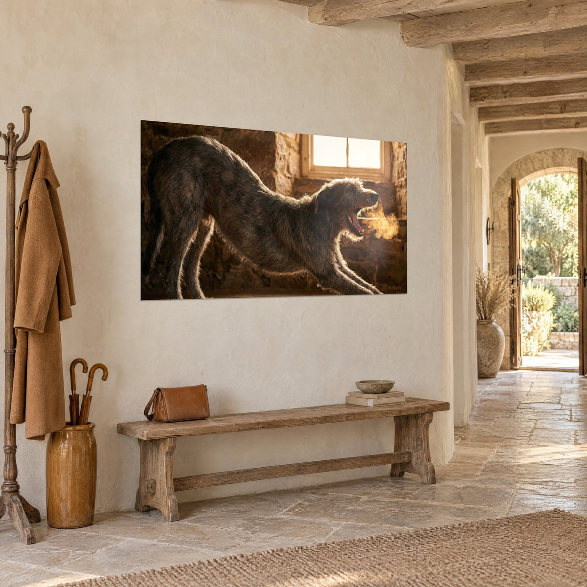 Wall art yawning wolfhound, pink tongue and golden breath in front of a white window, brown stones, entrance of a country house