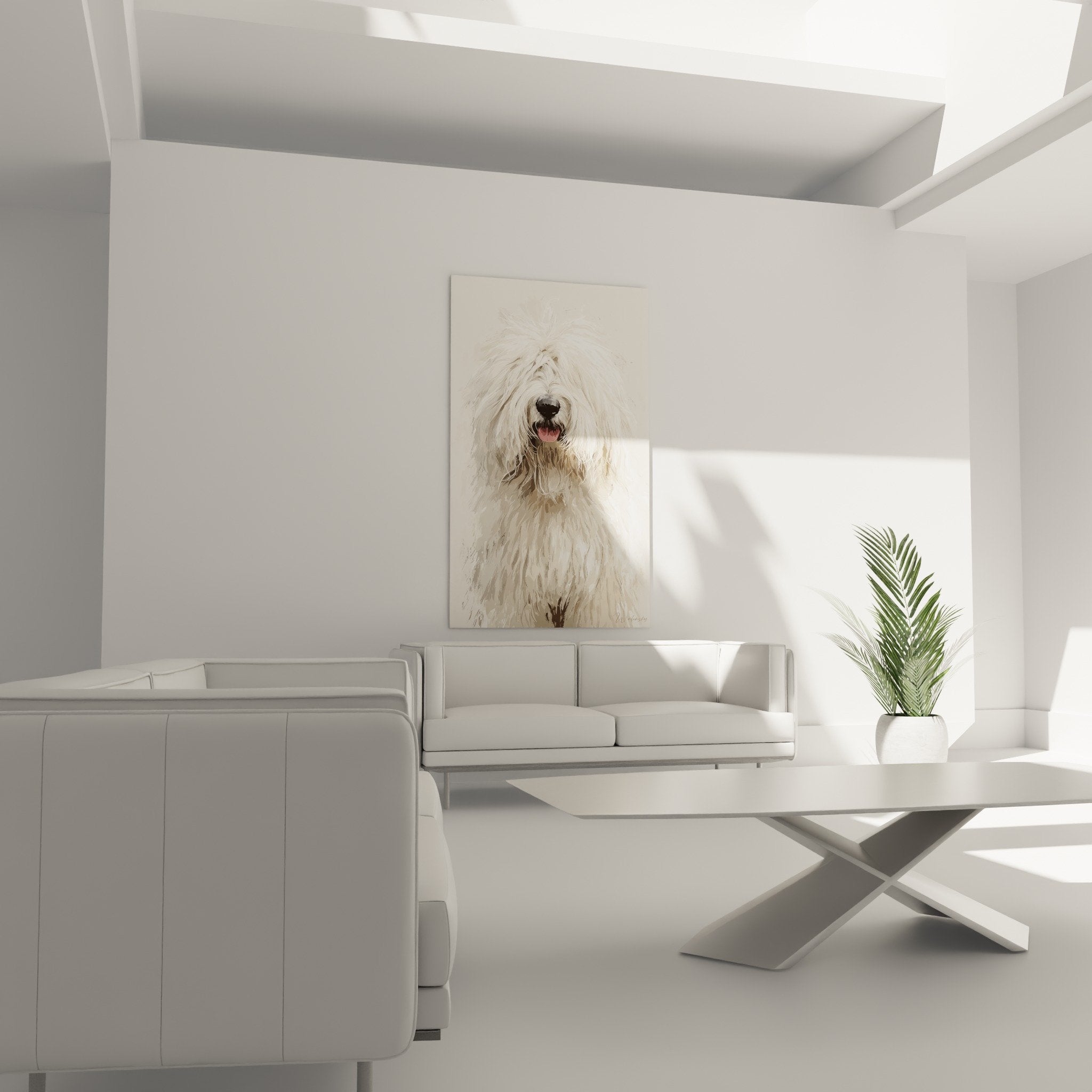 Primo piano ritratto Komondor, dettagli dei pelí ondulati crema, tartufo nero contrastante, rendering artistico delicato