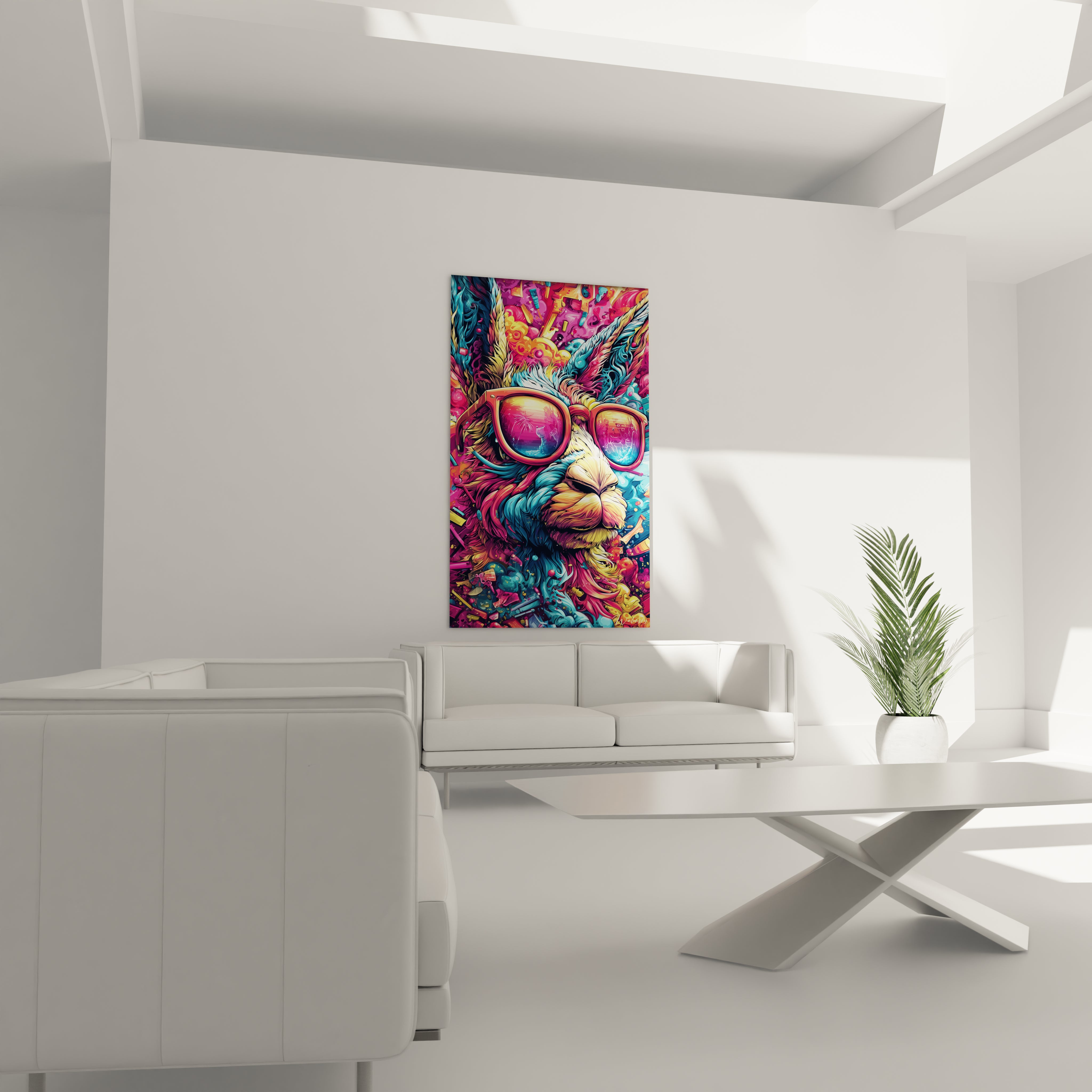 Gros plan tableau lama lunettes soleil reflets tropicaux art digital couleurs explosives détails artistiques