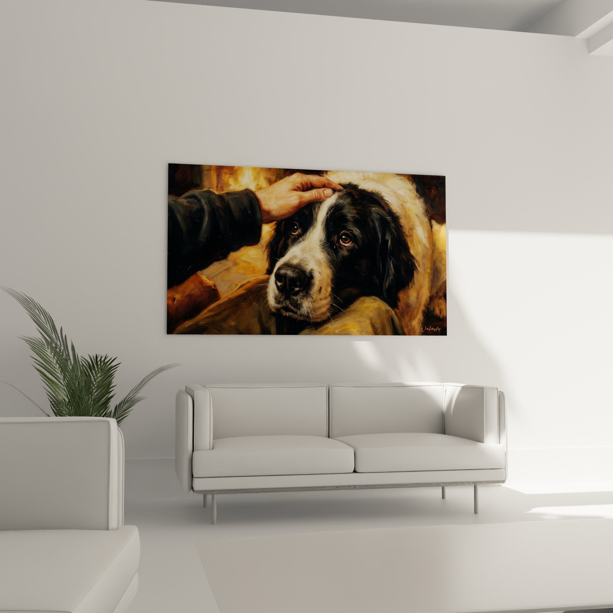 Close-up expressive gaze bicolor Landseer amber eyes black and white coat pictorial technique Landseer edition