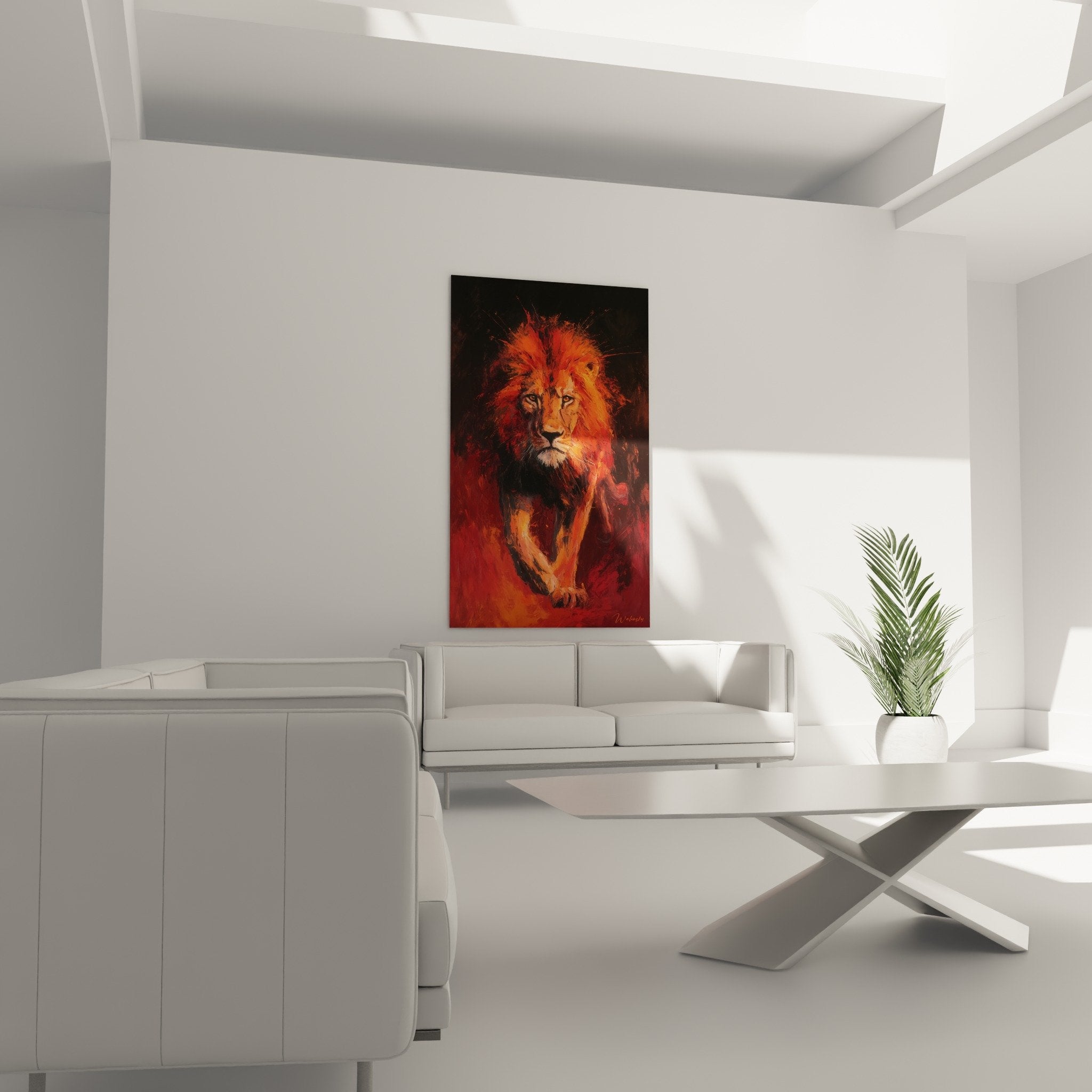 Gros plan peinture lion criniere orange rouge coups pinceau expressifs regard perçant yeux dores