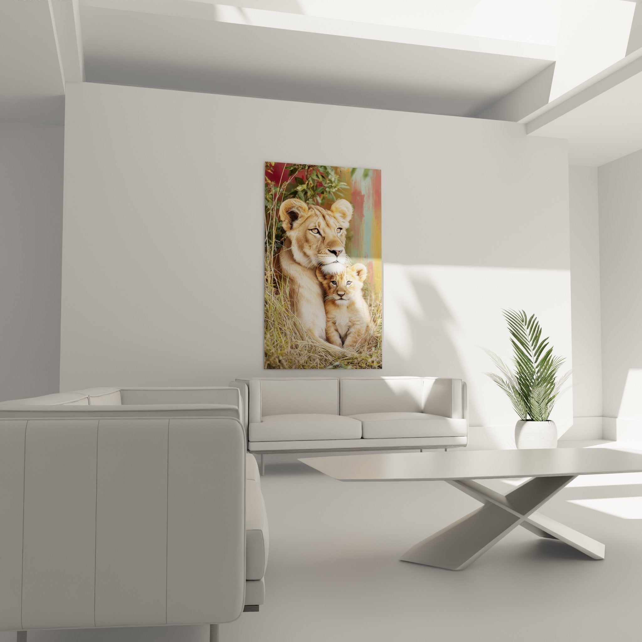 Primo piano quadro leone famiglia leonessa cucciolo savana sguardo tenero protezione materna realismo