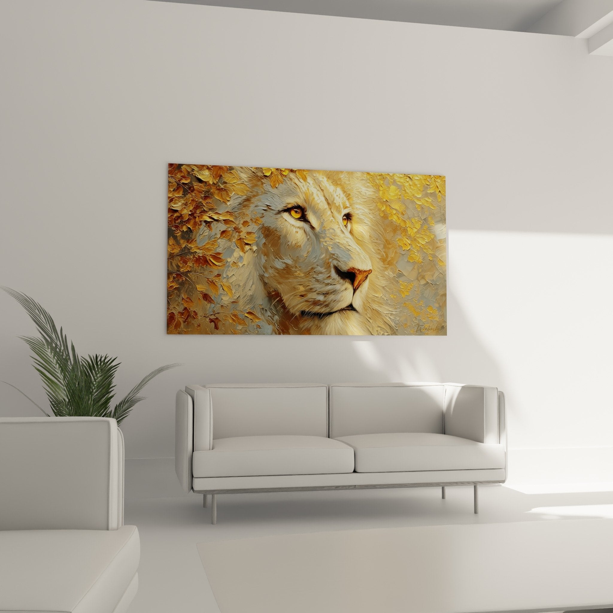Primo piano quadro leone occhi ambra intensi, texture pittura impasti visibili toni dorati e rame