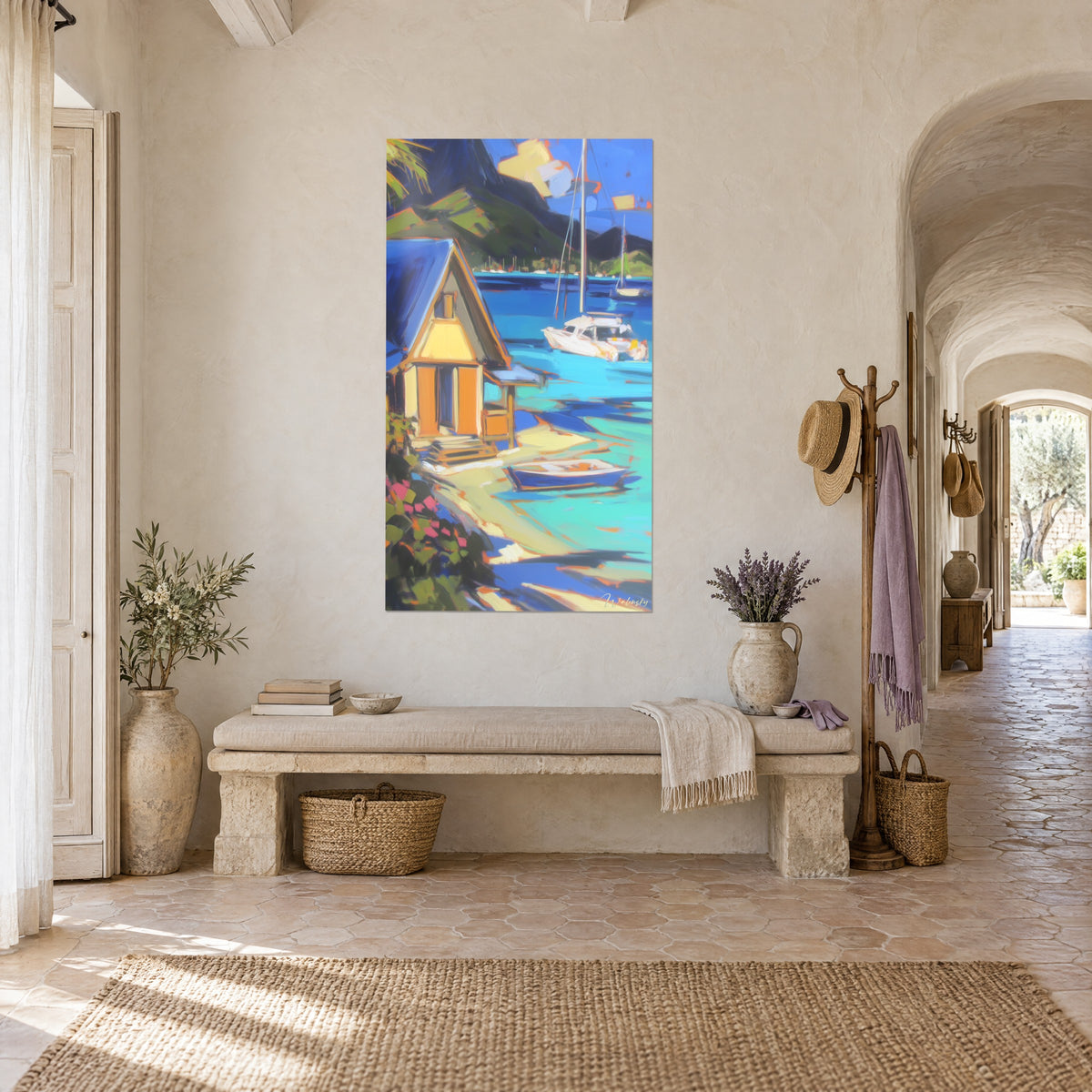 Quadro chalet con tetto blu cobalto e facciata gialla, barca su sabbia dorata, vista di tre quarti in un mas provenzale