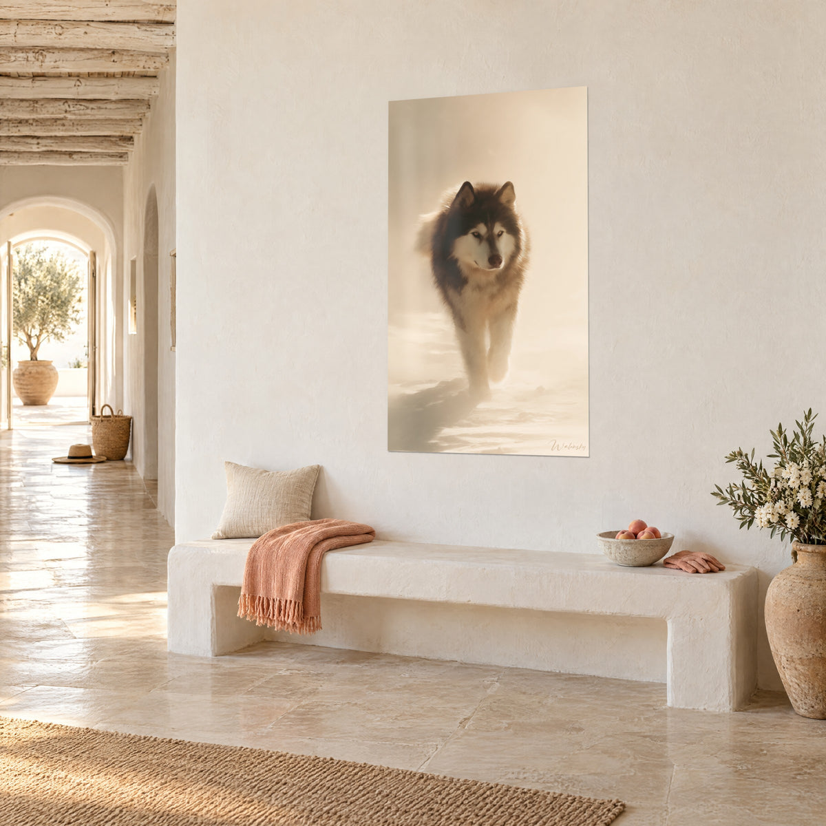 Wall art of an arctic dog with amber eyes emerging from a cloud of beige and gold snow, three-quarter view above a white bench in a hallway