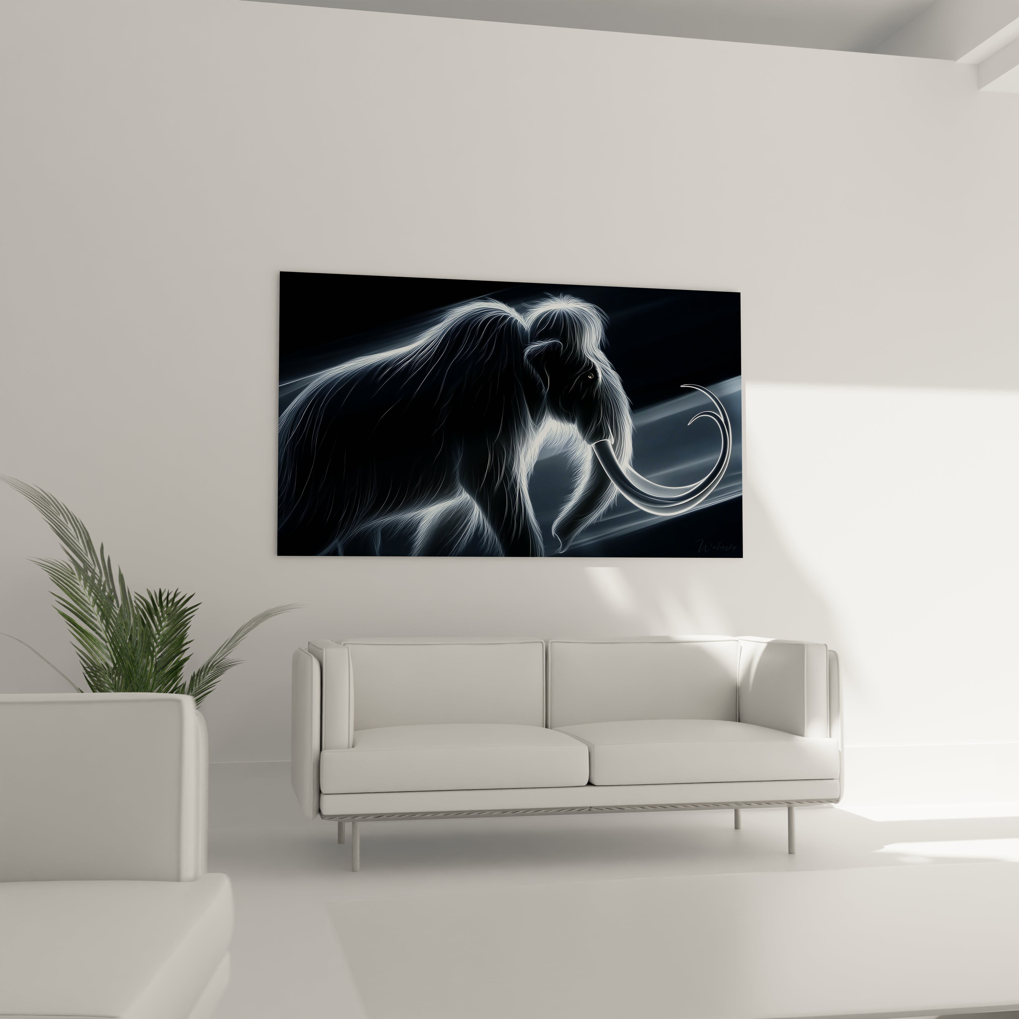 Gros plan détaillé des contours lumineux du mammouth laineux sur toile artistique moderne