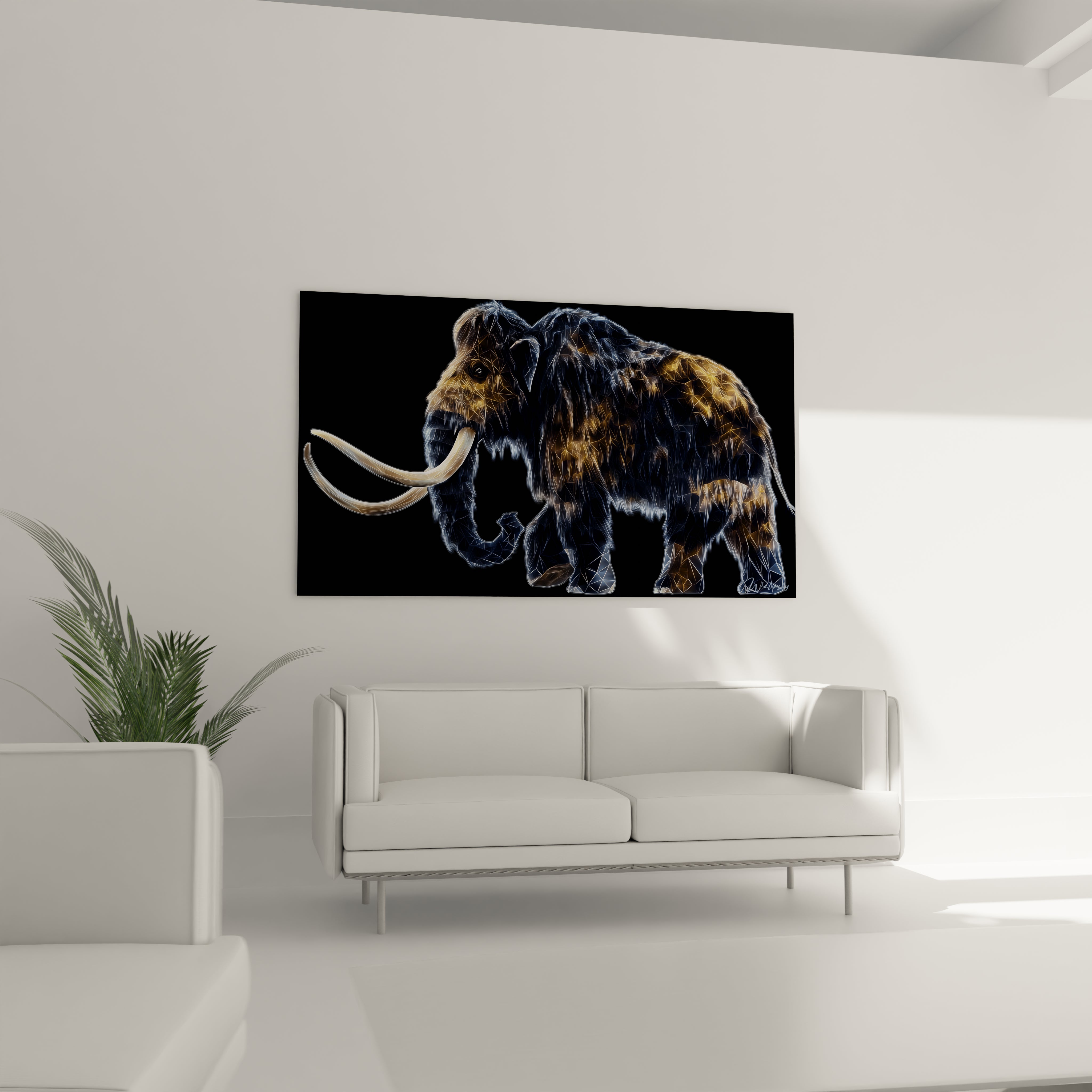 Gros plan tableau mammouth laineux détails néon, contours lumineux et textures fourrure
