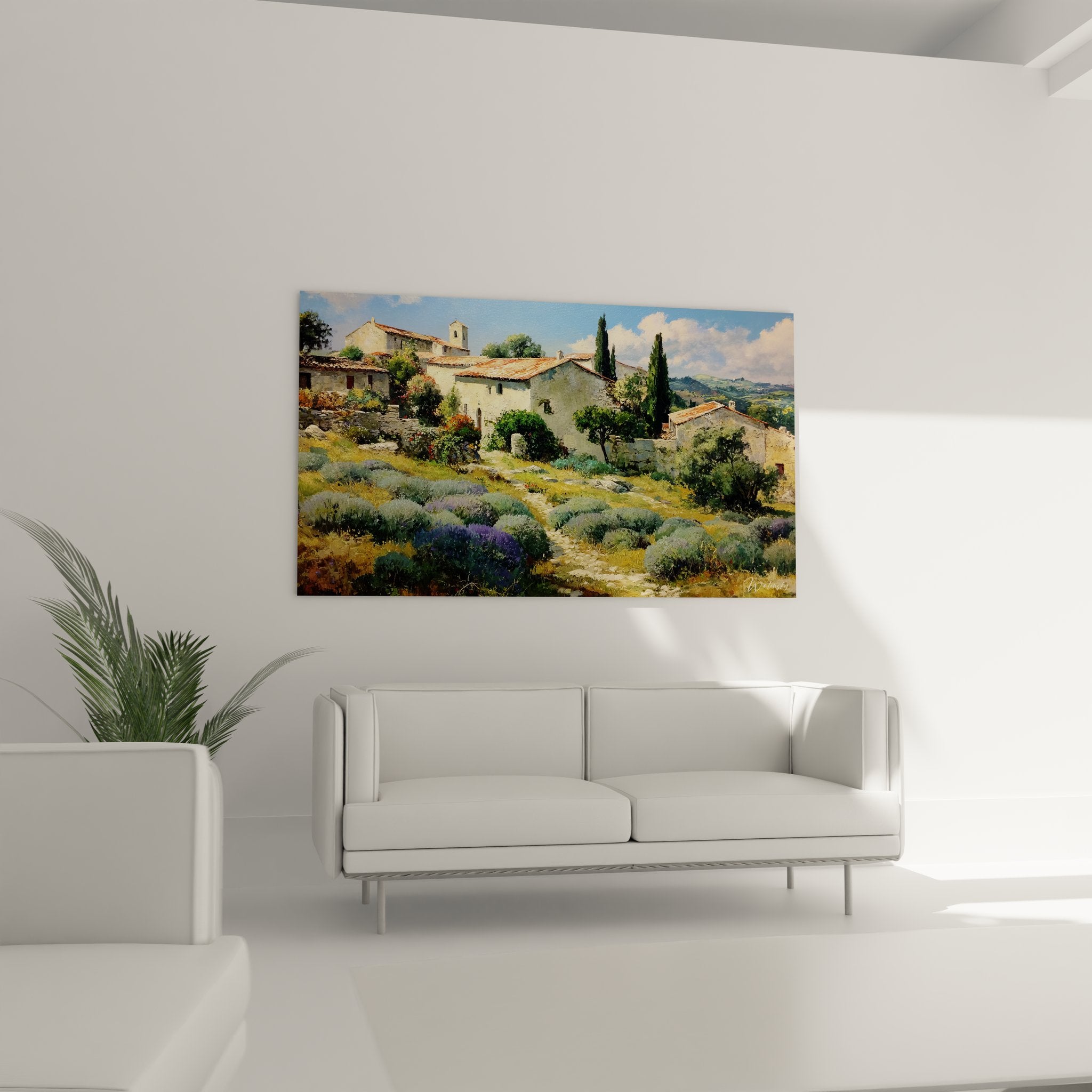 Détail gros plan tableau mas provençal traditionnel en pierre avec toits tuiles et lavande sauvage