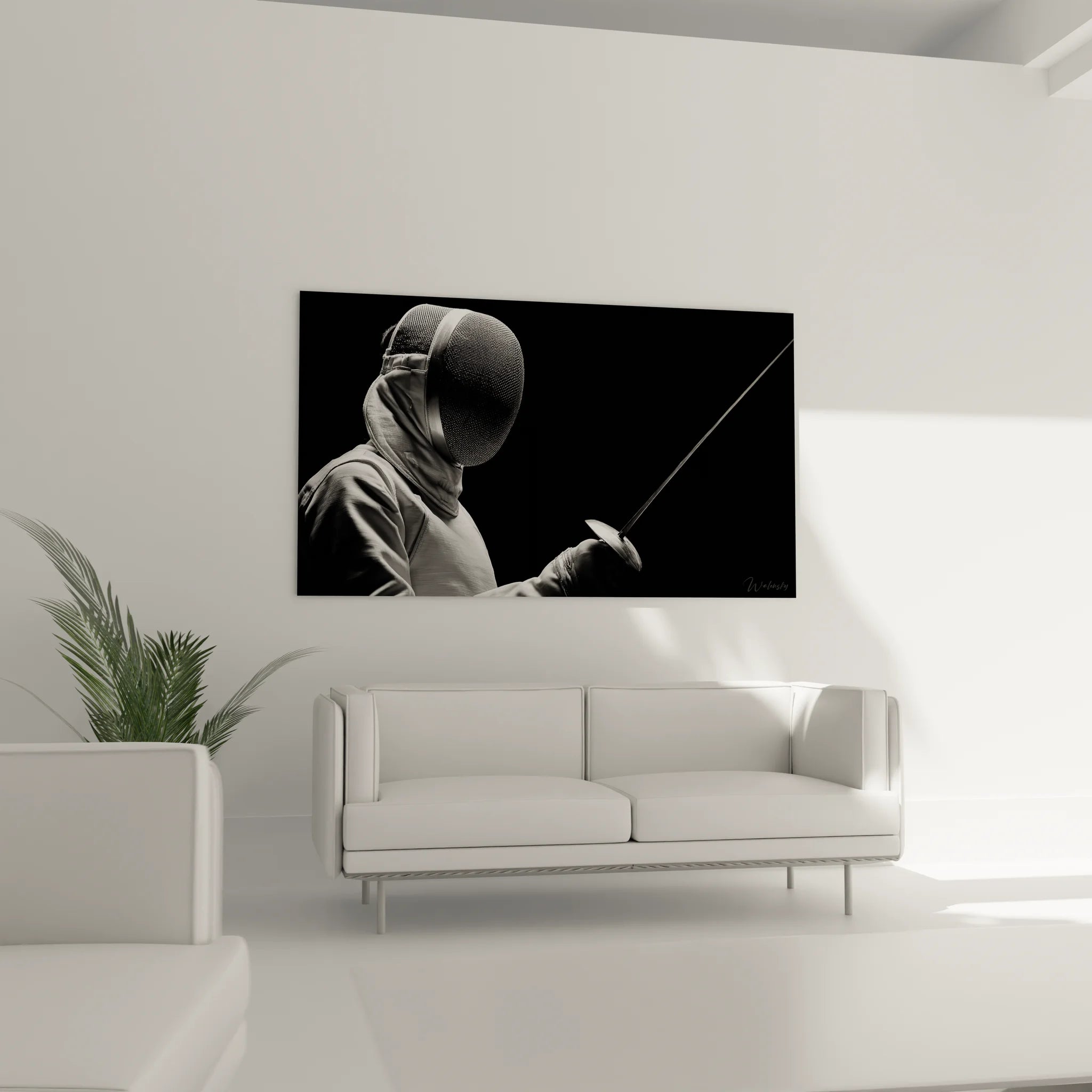 Gros plan tableau escrimeur masque et épée, détails équipement escrime noir et blanc