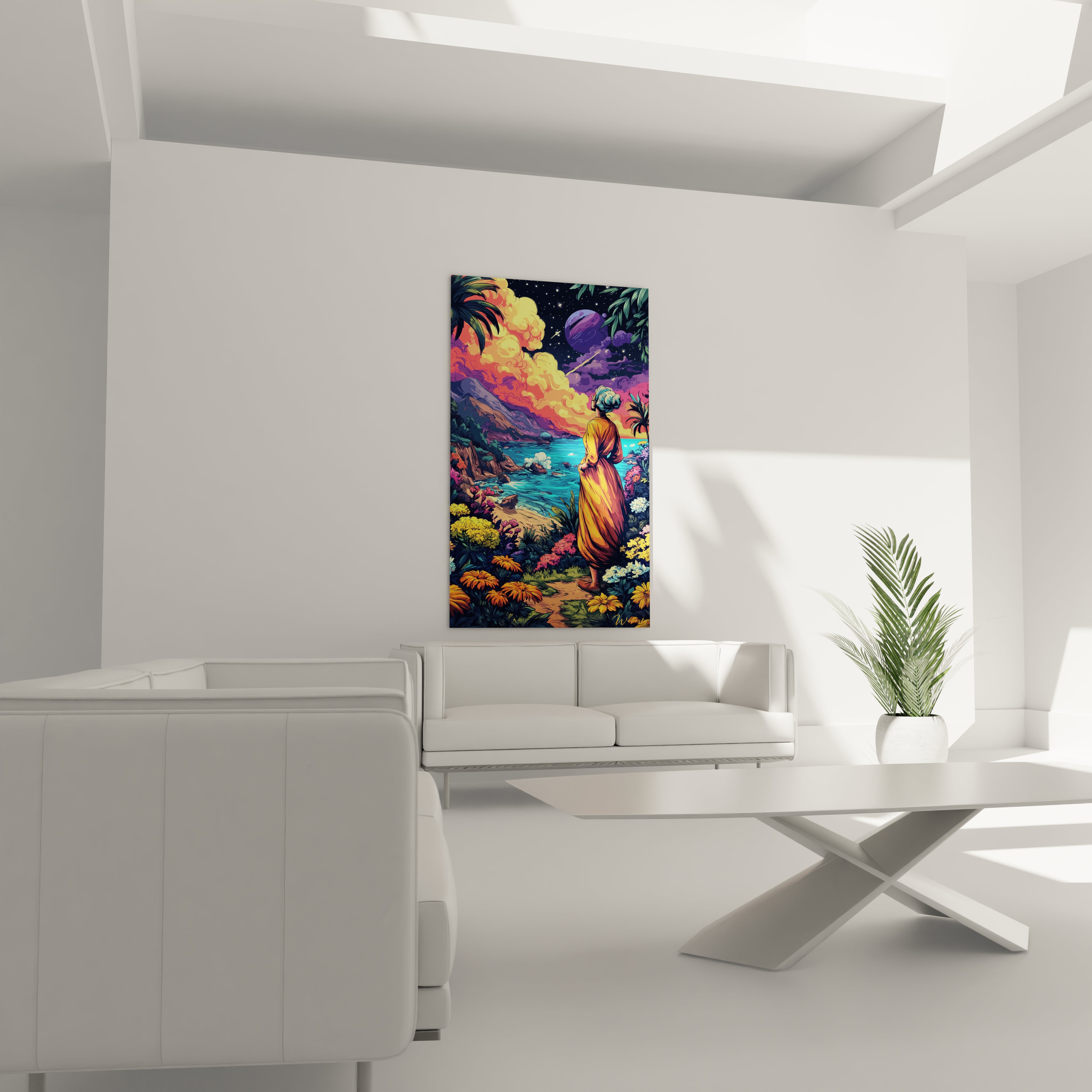 Gros plan tableau moine robe safran contemplant océan turquoise style bande dessinée détaillé