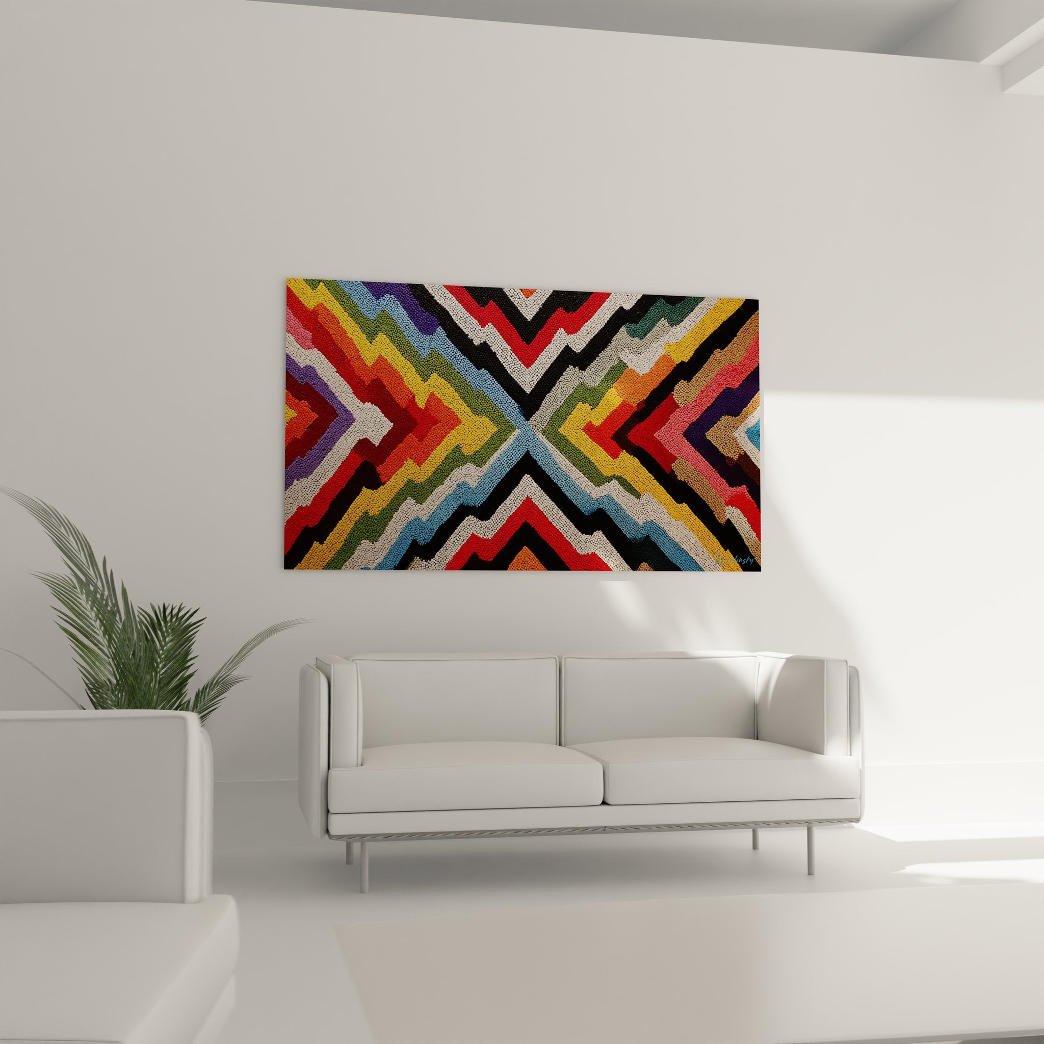 Gros plan motifs géométriques tableau art tribal africain détails tissage couleurs vives chevrons