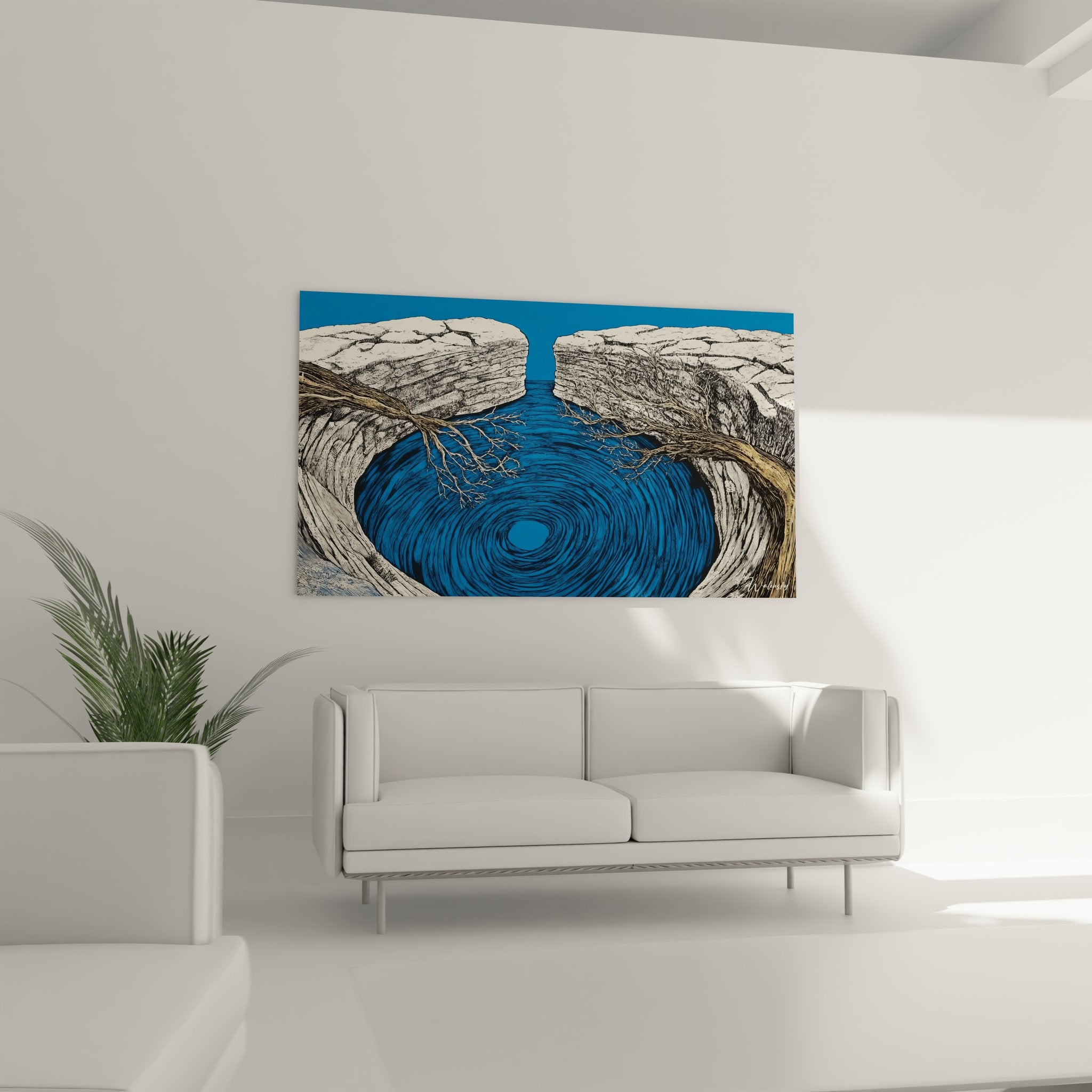 Gros plan tableau motifs spiralés aquatiques montrant détails texture rocheuse et cercles concentriques bleus