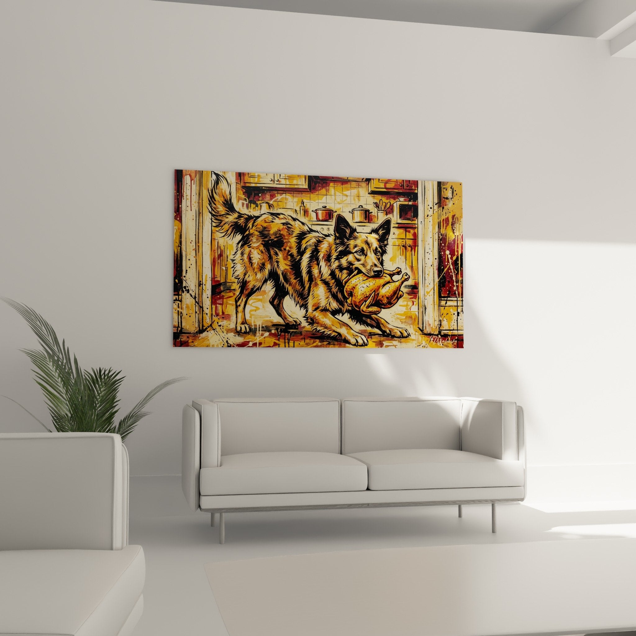 Gros plan Mudi expression bienveillante tenant pain technique peinture coulures dorées