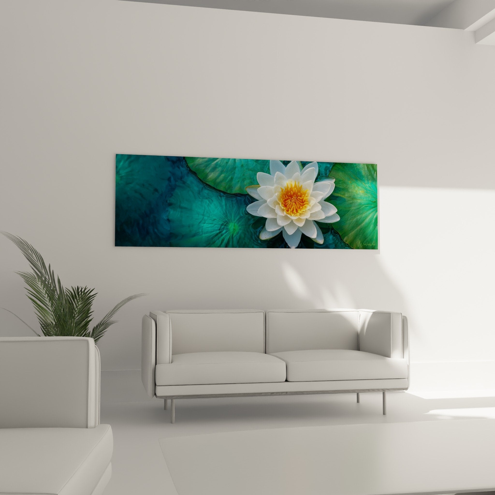 Gros plan fleur nénuphar blanc immaculé au cœur doré sur feuilles aquatiques vert turquoise