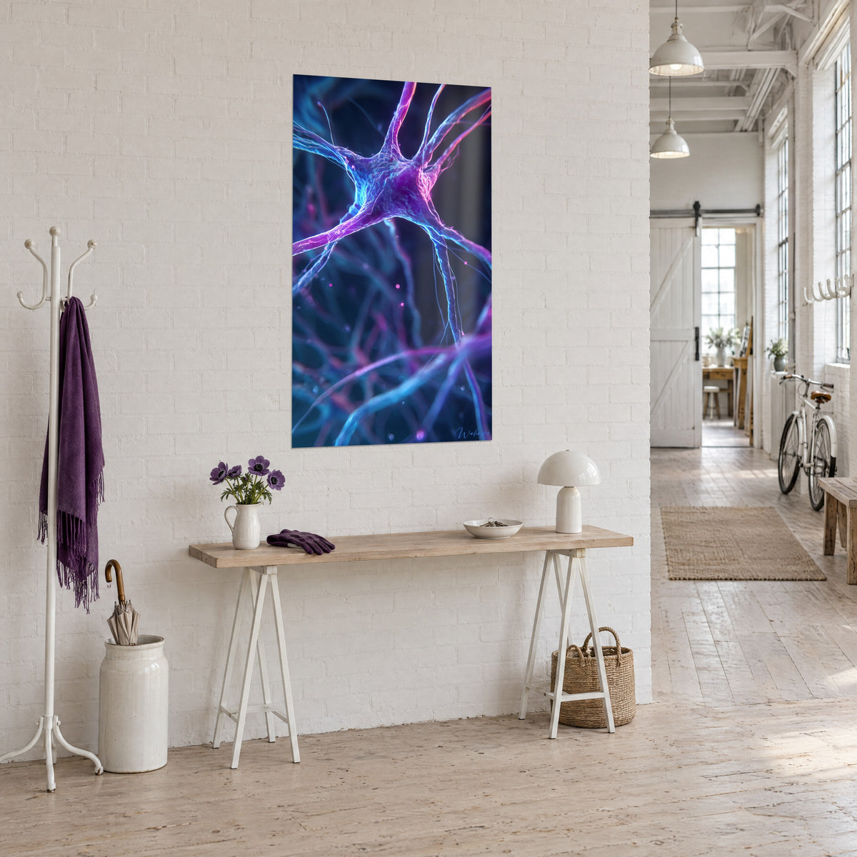 Tableau cellule nerveuse étoilée, filaments magenta et turquoise sur fond nuit, vue de trois-quarts dans un loft
