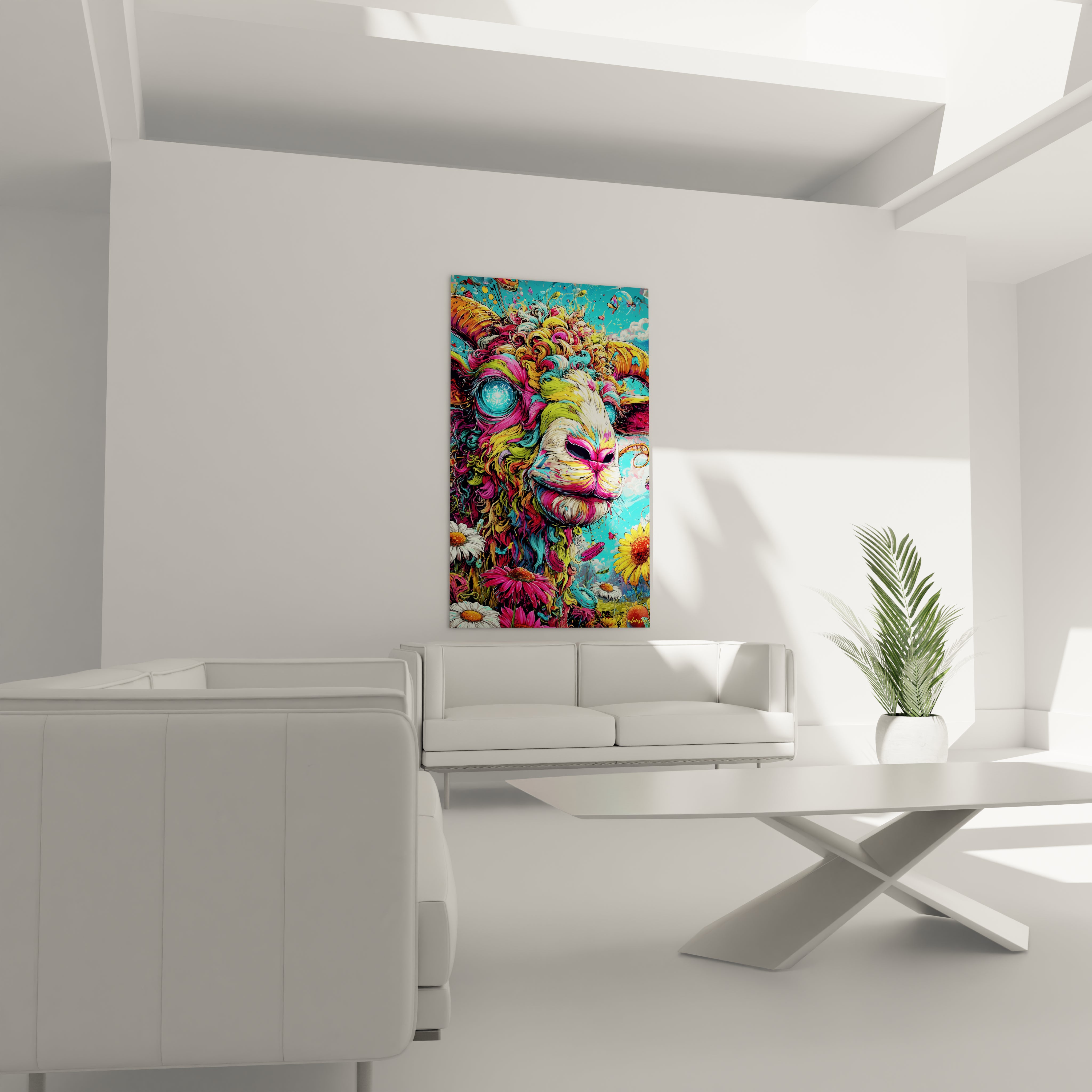 Gros plan sur œil cosmique bleu et crinière multicolore du lion psychédélique en art mural
