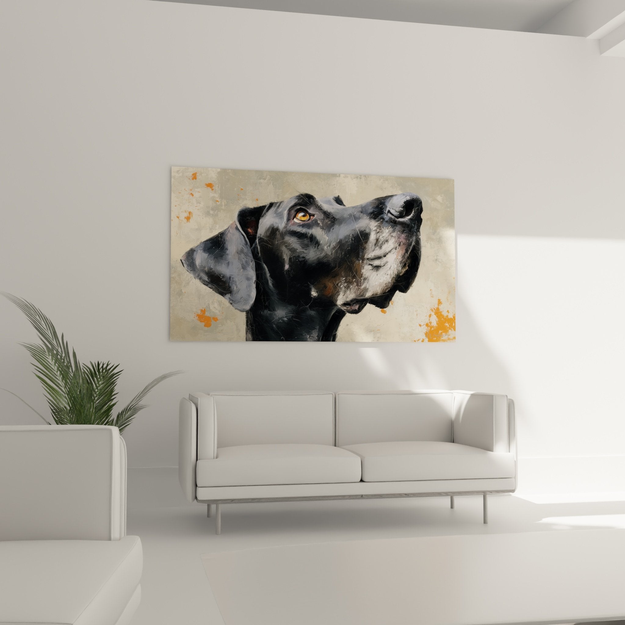 Gros plan oeil ambre dogue allemand peinture texture empâtements gris orange artistique