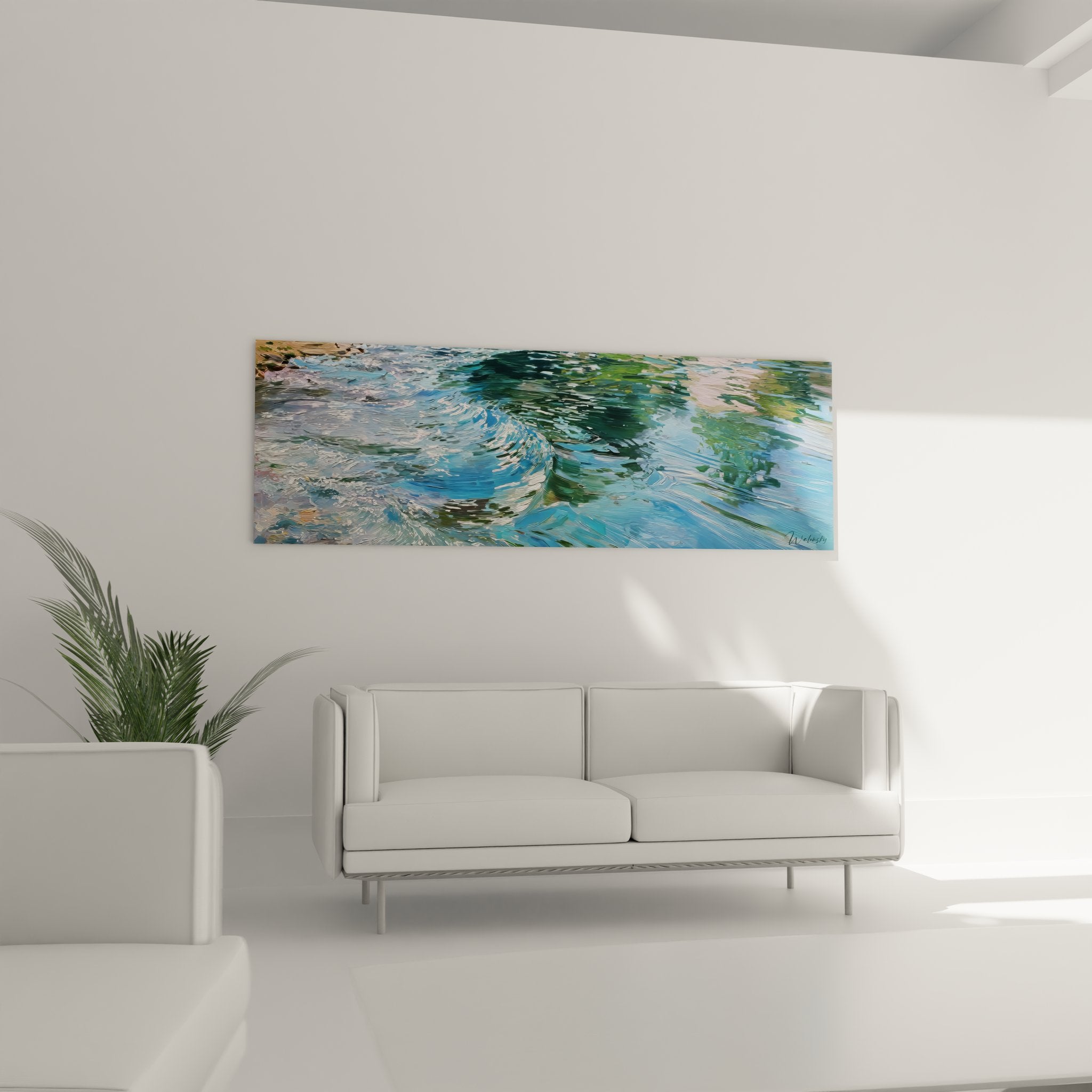 Gros plan détails ondulations cristallines tableau reflets d'eau peinture aquatique contemporaine