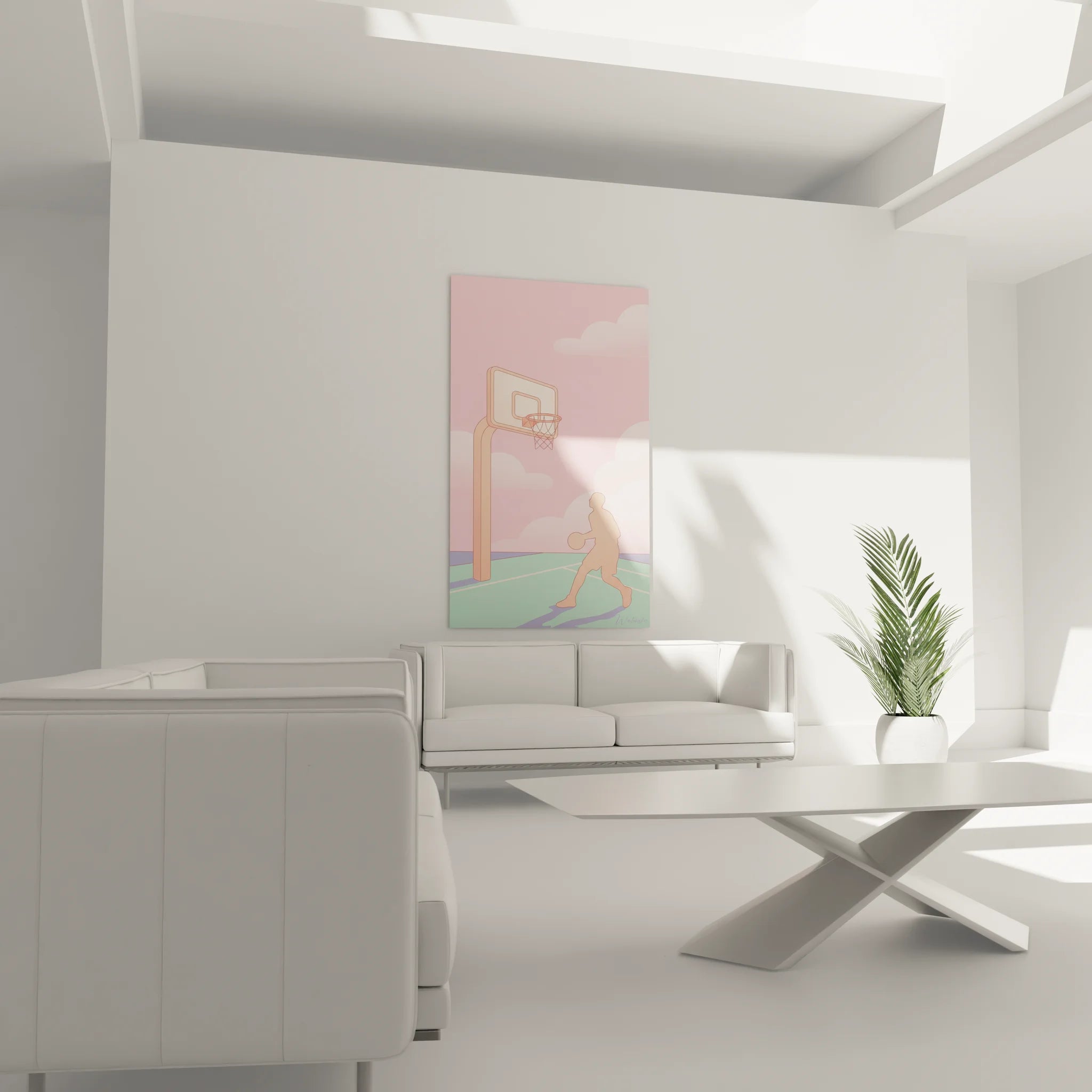 Gros plan sur panier de basket rose et terrain sport, détails artistiques tableau mural