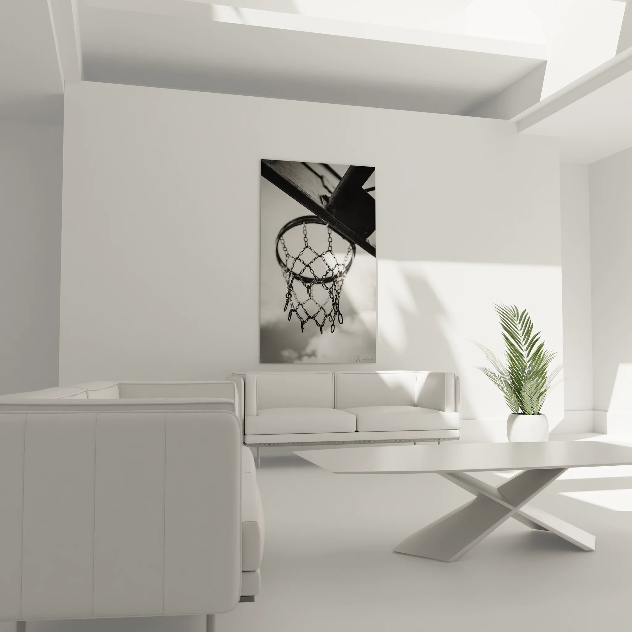 Gros plan panier basketball chaînes métalliques détail noir et blanc art mural sport