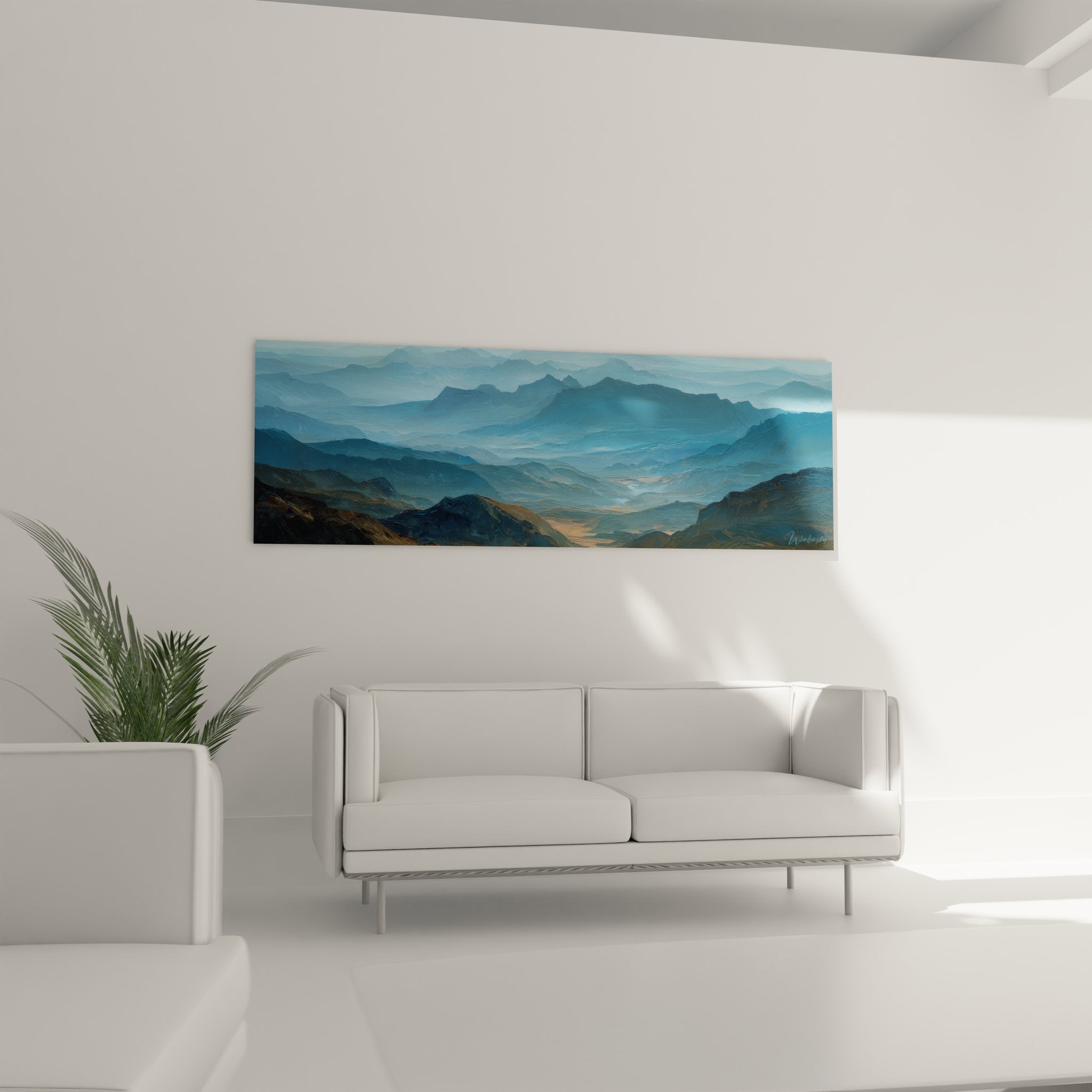 Gros plan tableau paysage montagneux détails brume sommets textures peinture nature mystique