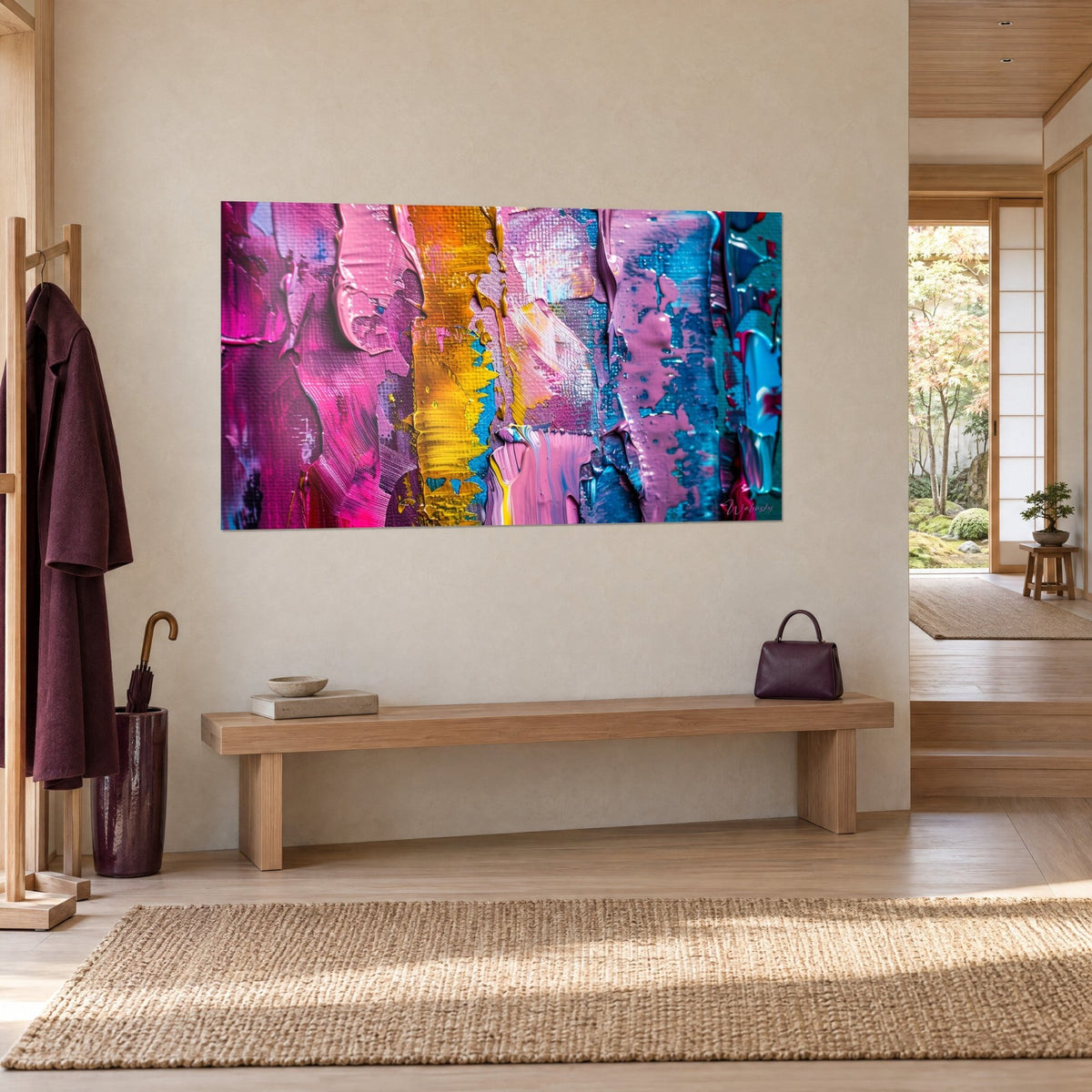 Gemälde mit fuchsiafarbener, senfgelber und blauer Farbexplosion, Dreiviertelansicht an einer cremefarbenen Wand, helle Holzbank