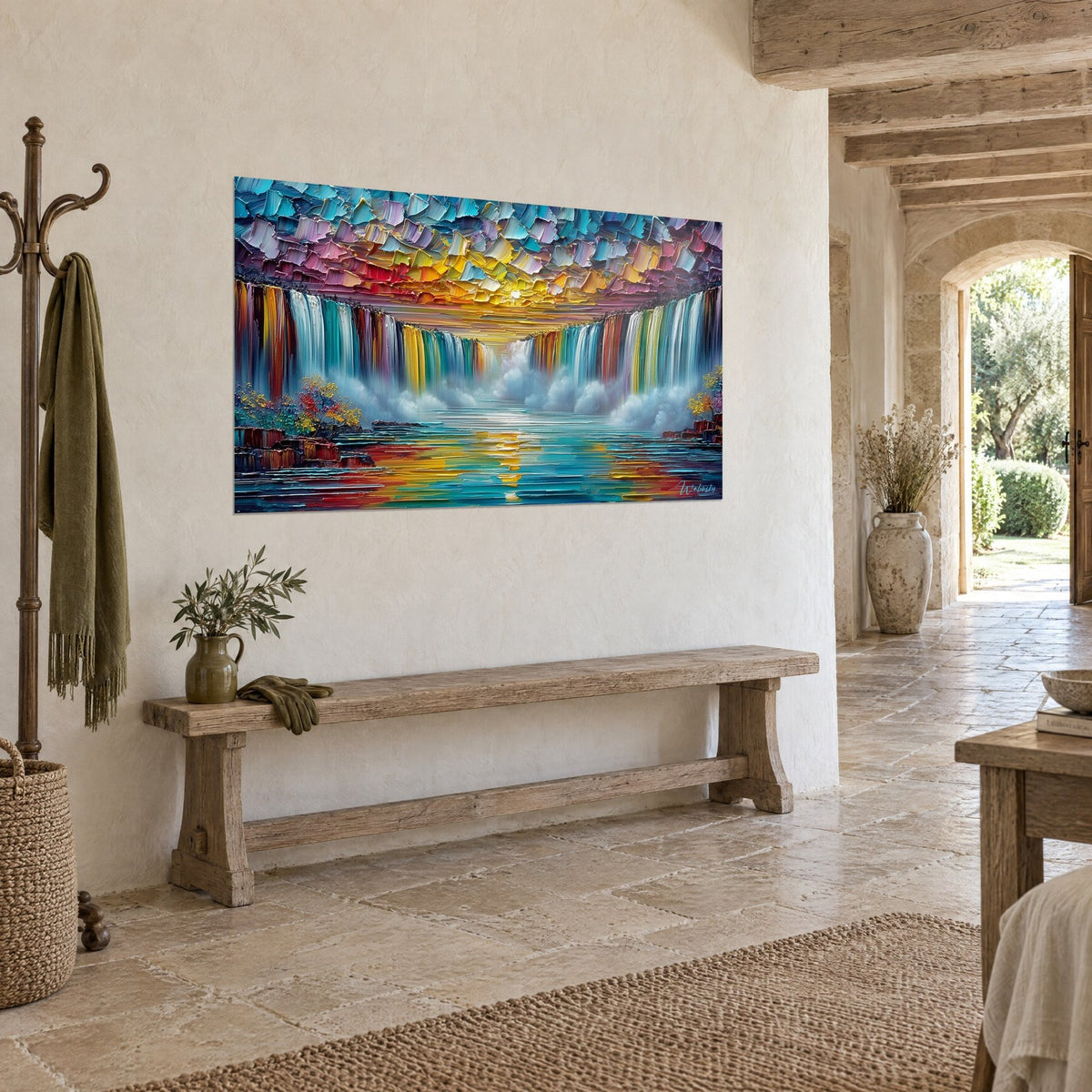 Gemälde Wasserfall mit Palettenmesser gemalt, cyanblaue und safrangelbe Wasservorhänge, an einer Steinwand neben einer Konsole